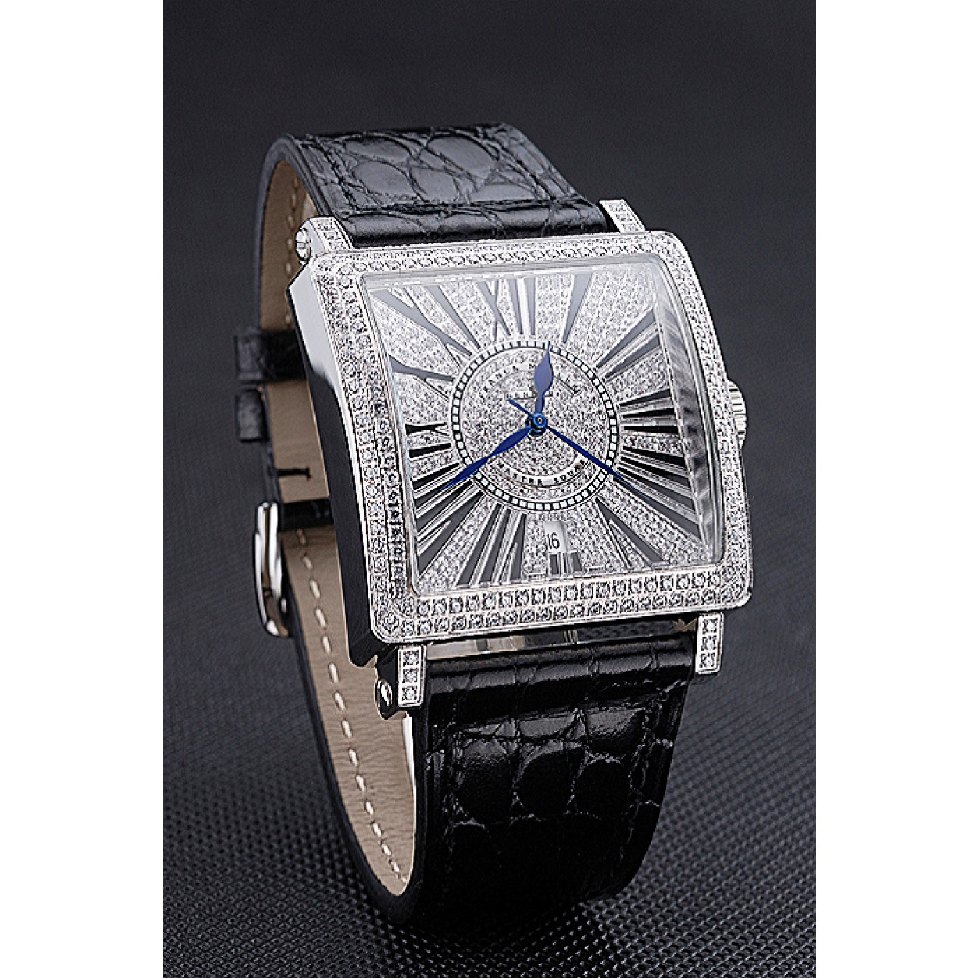 MiroTime Franck Muller Master Square Diamonds Dial Diamonds Case Black Leather Band 622358