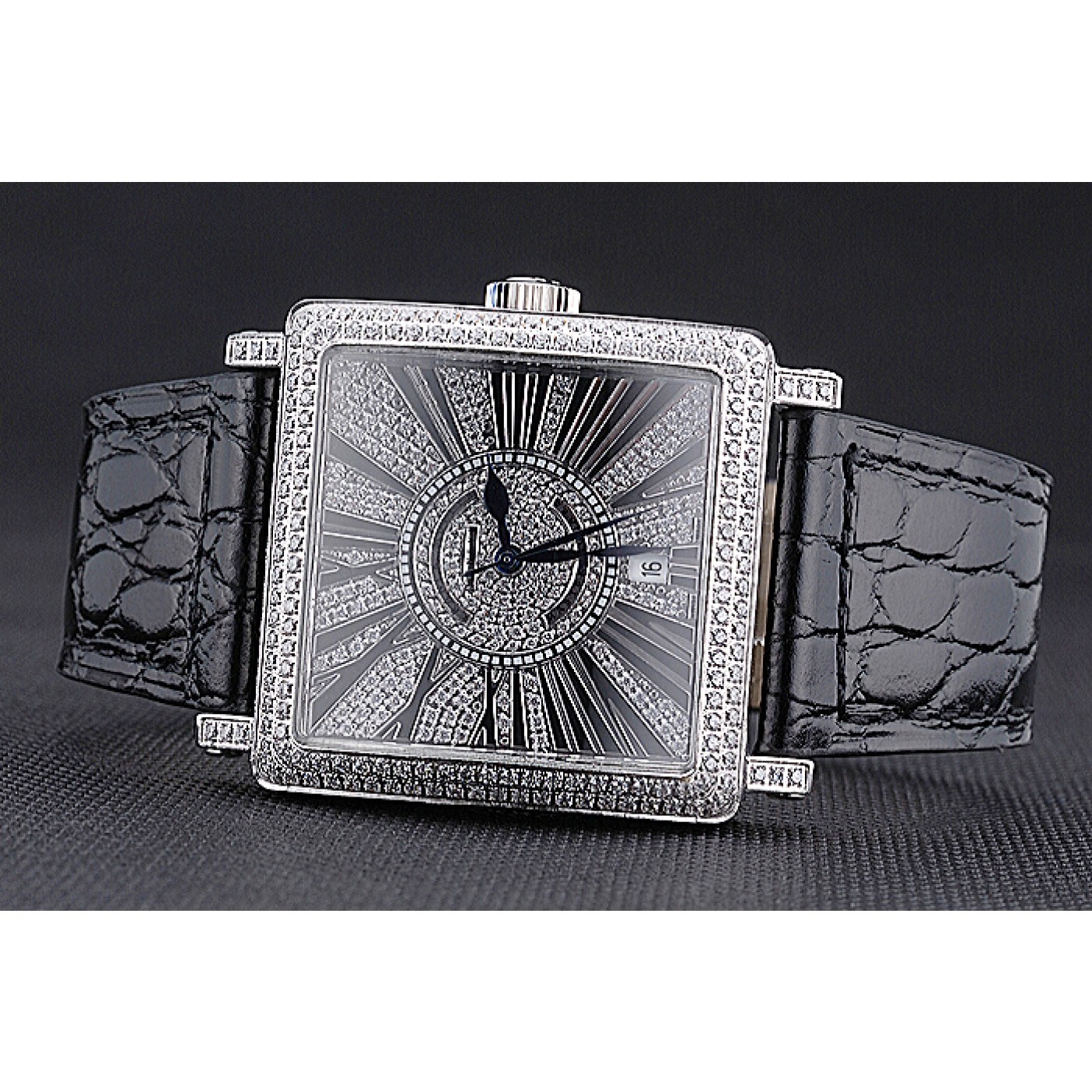 MiroTime Franck Muller Master Square Diamonds Dial Diamonds Case Black Leather Band 622358
