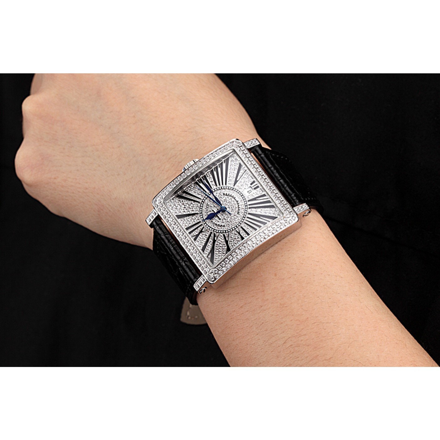 MiroTime Franck Muller Master Square Diamonds Dial Diamonds Case Black Leather Band 622358