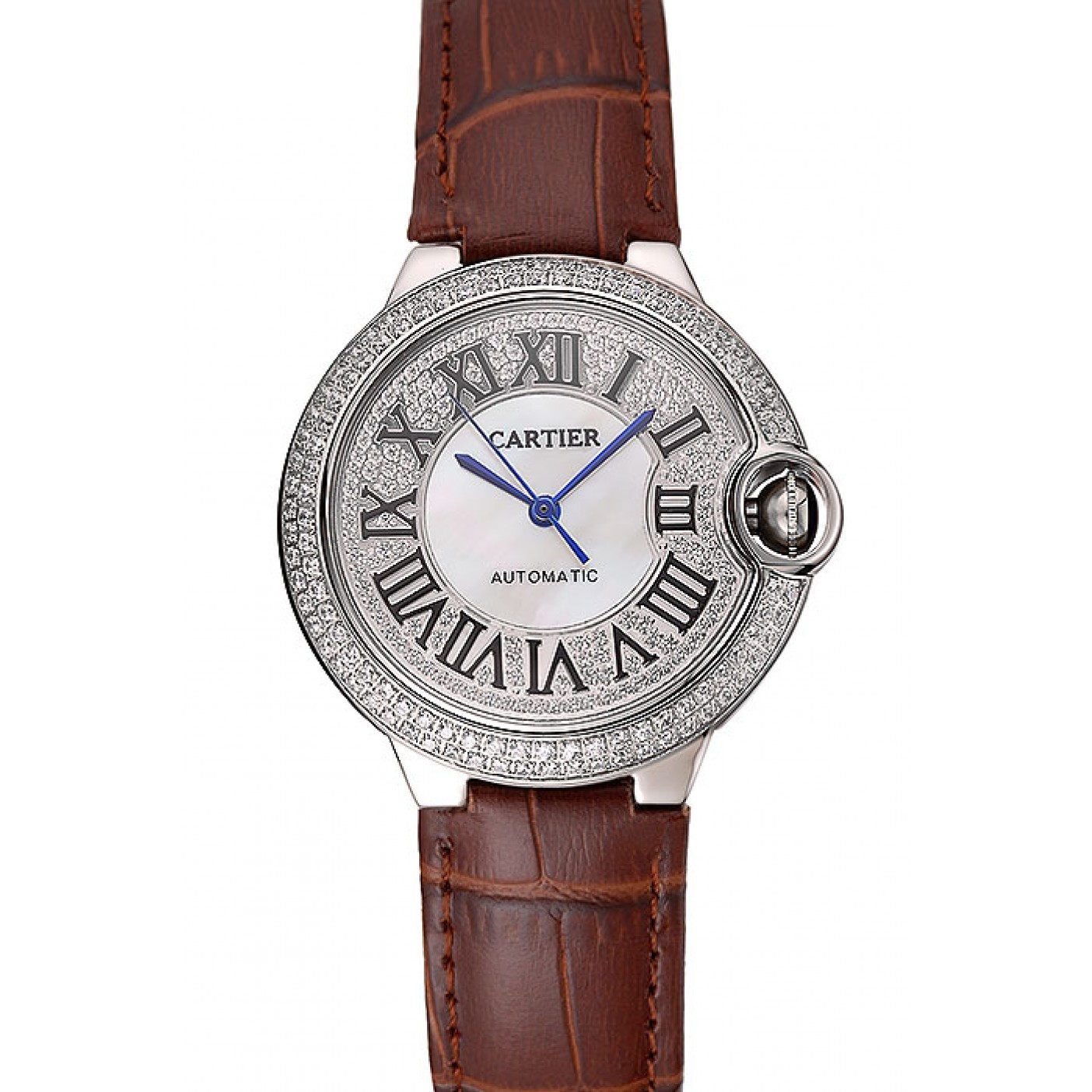 MiroTime Swiss Cartier Ballon Bleu 46 MM Diamond Dial Diamond Case Brown Leather Bracelet 1453895