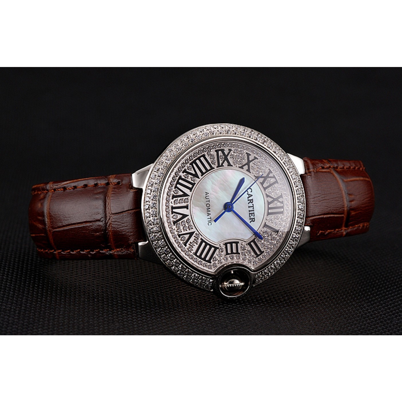 MiroTime Swiss Cartier Ballon Bleu 46 MM Diamond Dial Diamond Case Brown Leather Bracelet 1453895