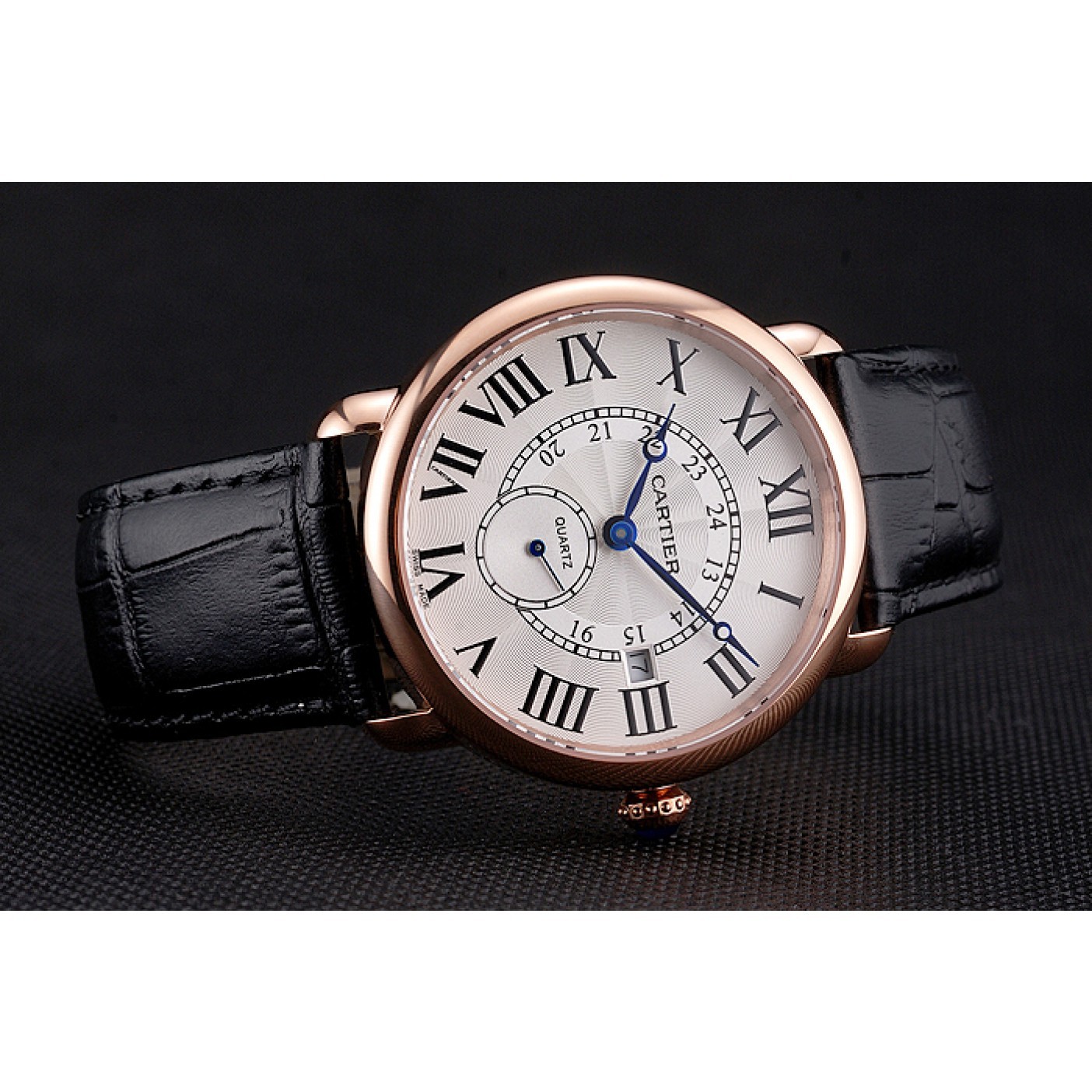 MiroTime Cartier Ronde Louis Cartier White Dial Gold Case Black Leather Strap