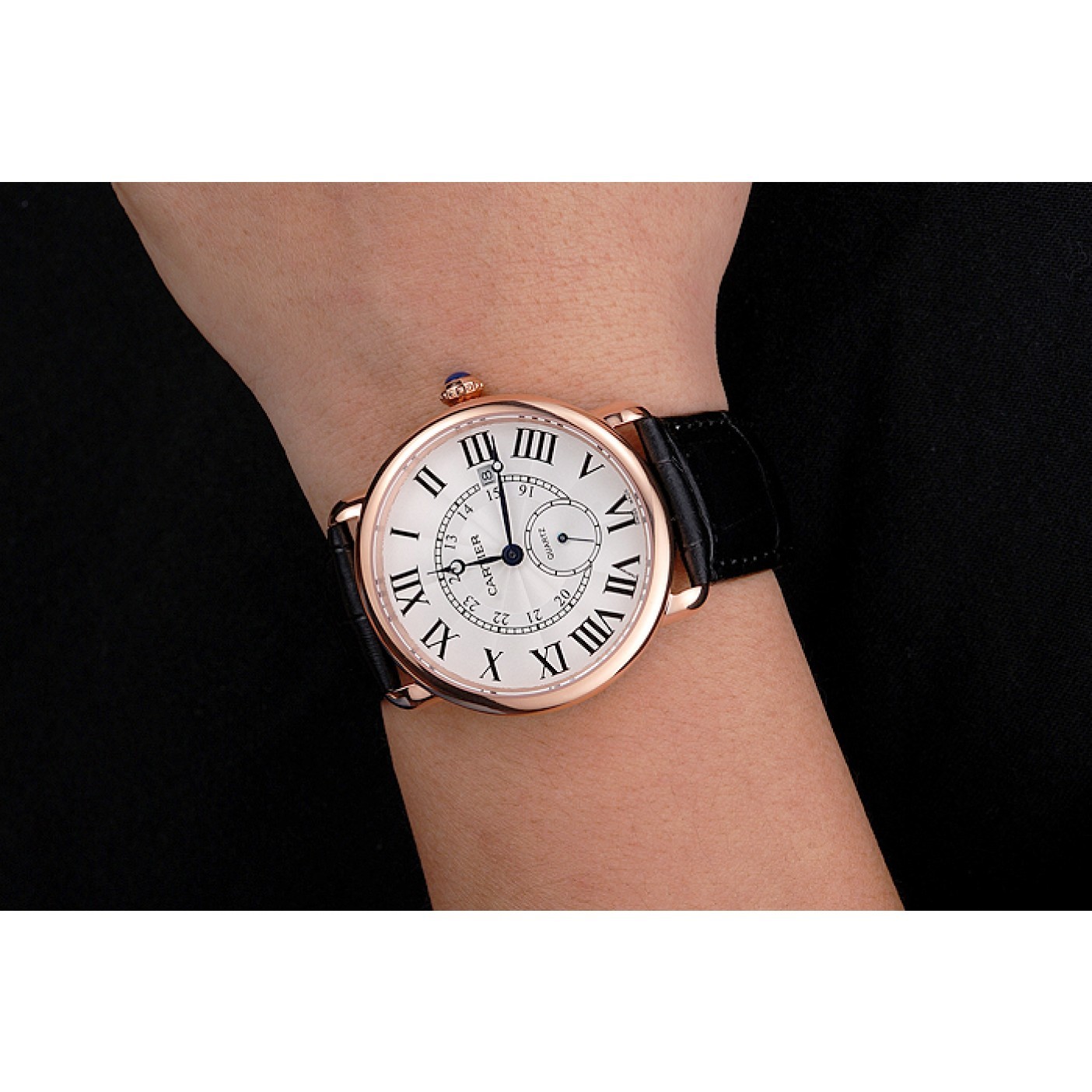 MiroTime Cartier Ronde Louis Cartier White Dial Gold Case Black Leather Strap