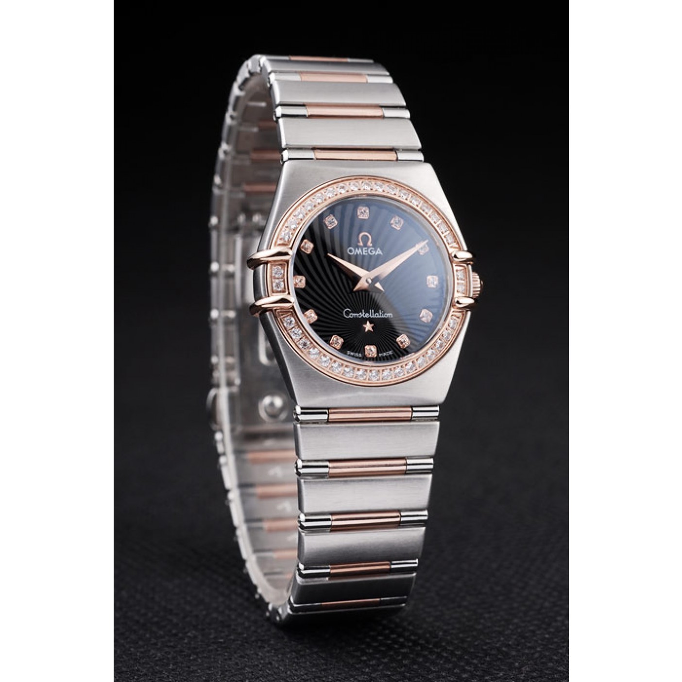 MiroTime Omega Swiss Constellation Jewelry Diamond Case Radial Emblem Black Dial 98113
