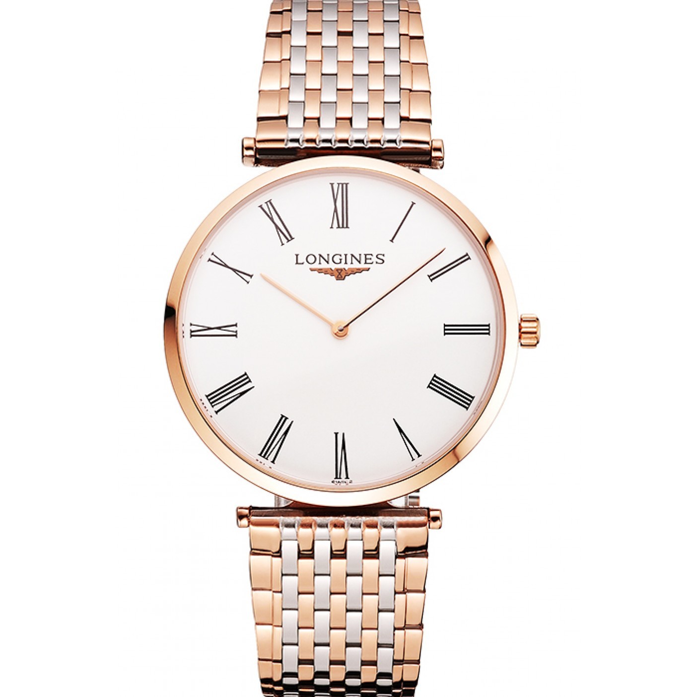 MiroTime Swiss Longines Grande Classique White Dial Roman Numerals Rose Gold Case Two Tone Bracelet