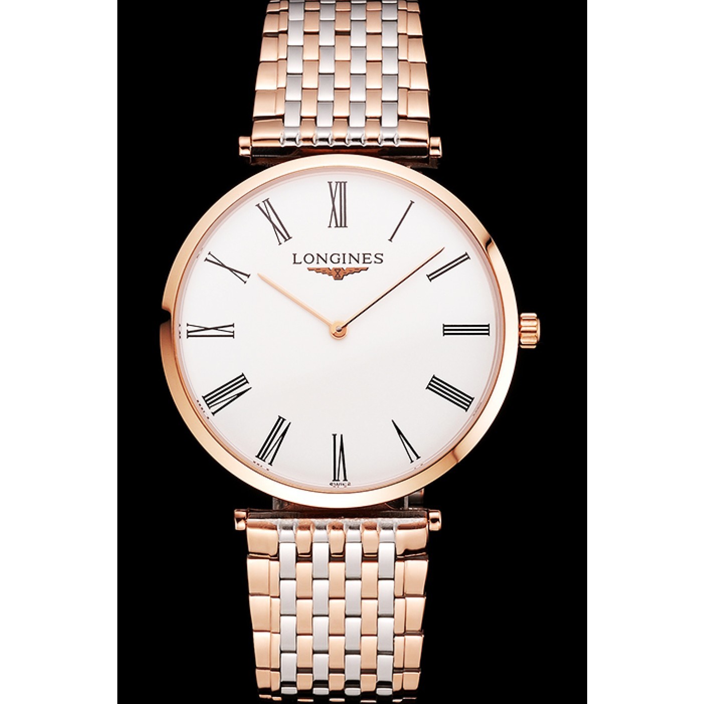 MiroTime Swiss Longines Grande Classique White Dial Roman Numerals Rose Gold Case Two Tone Bracelet