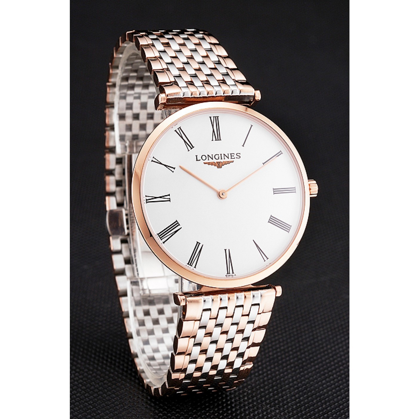 MiroTime Swiss Longines Grande Classique White Dial Roman Numerals Rose Gold Case Two Tone Bracelet