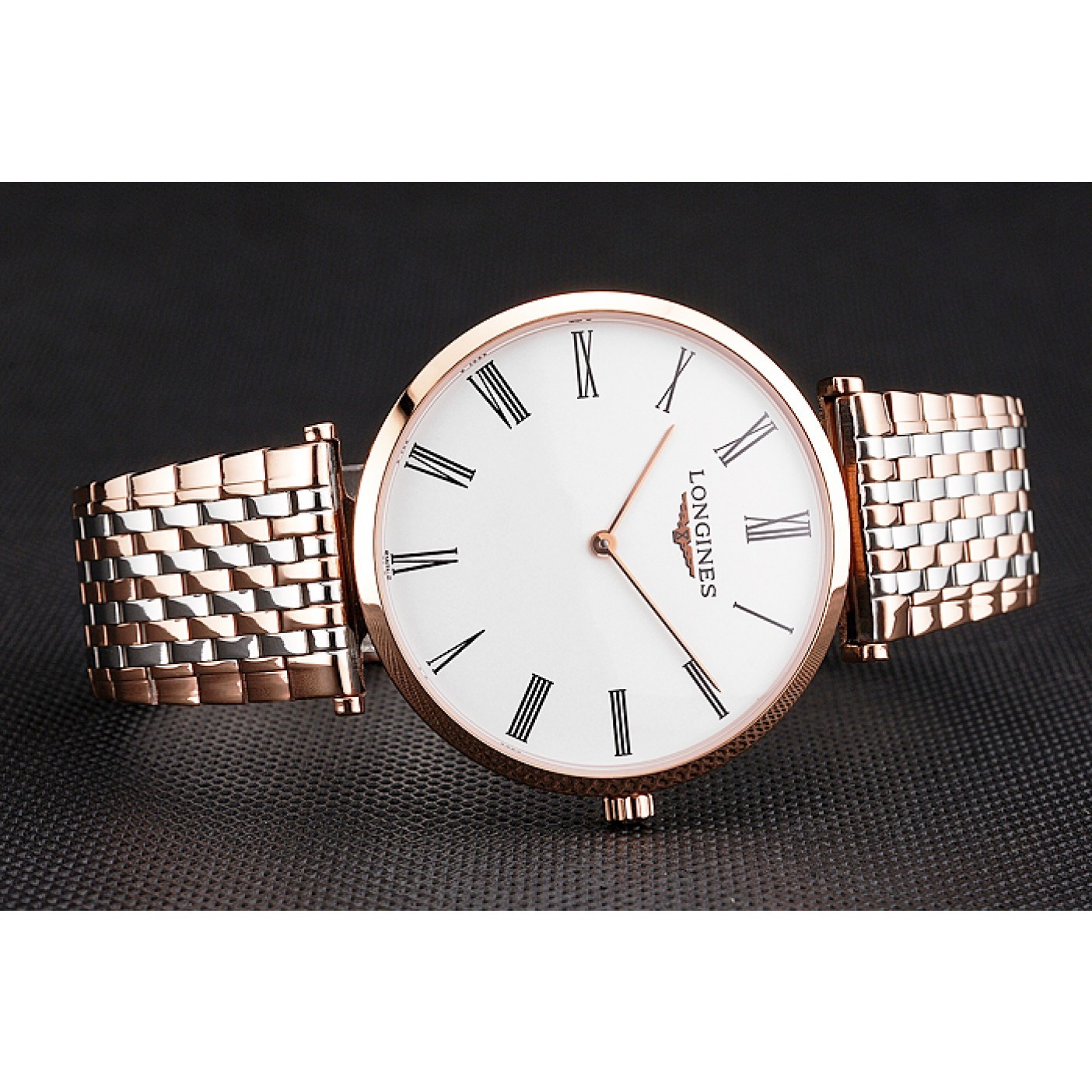 MiroTime Swiss Longines Grande Classique White Dial Roman Numerals Rose Gold Case Two Tone Bracelet