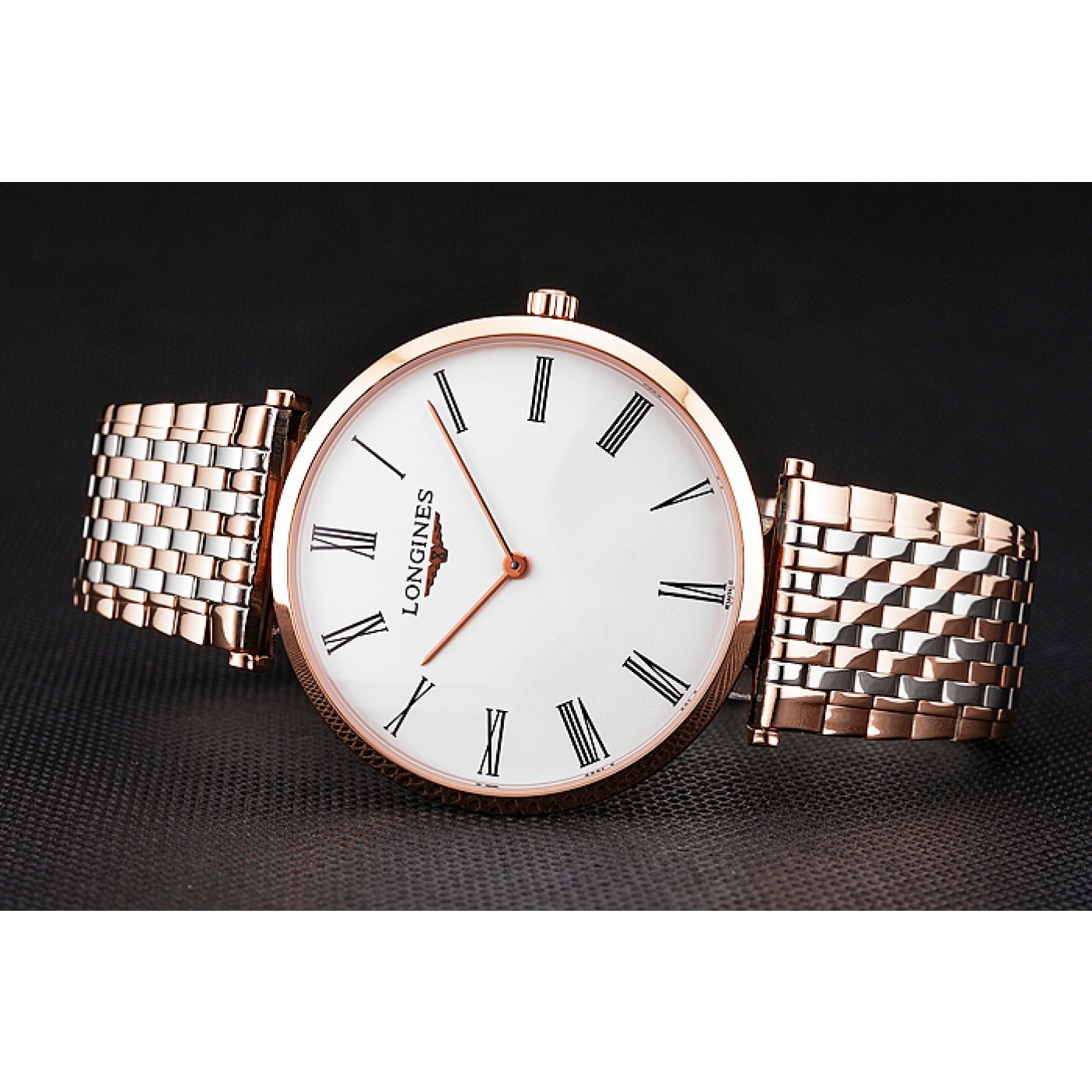 MiroTime Swiss Longines Grande Classique White Dial Roman Numerals Rose Gold Case Two Tone Bracelet