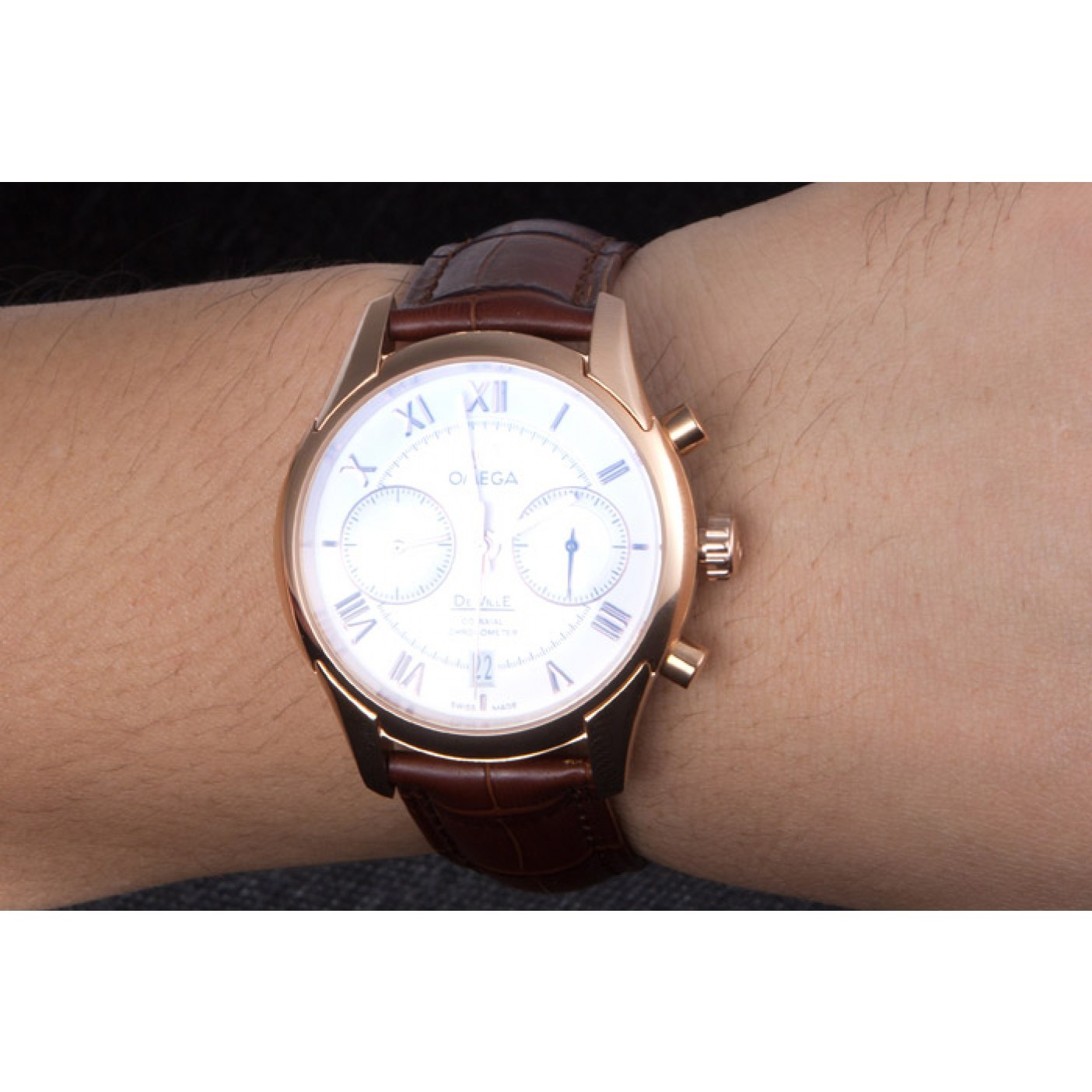 MiroTime Omega DeVille Rose Gold Bezel with White Dial and Brown Leather Strap 621570