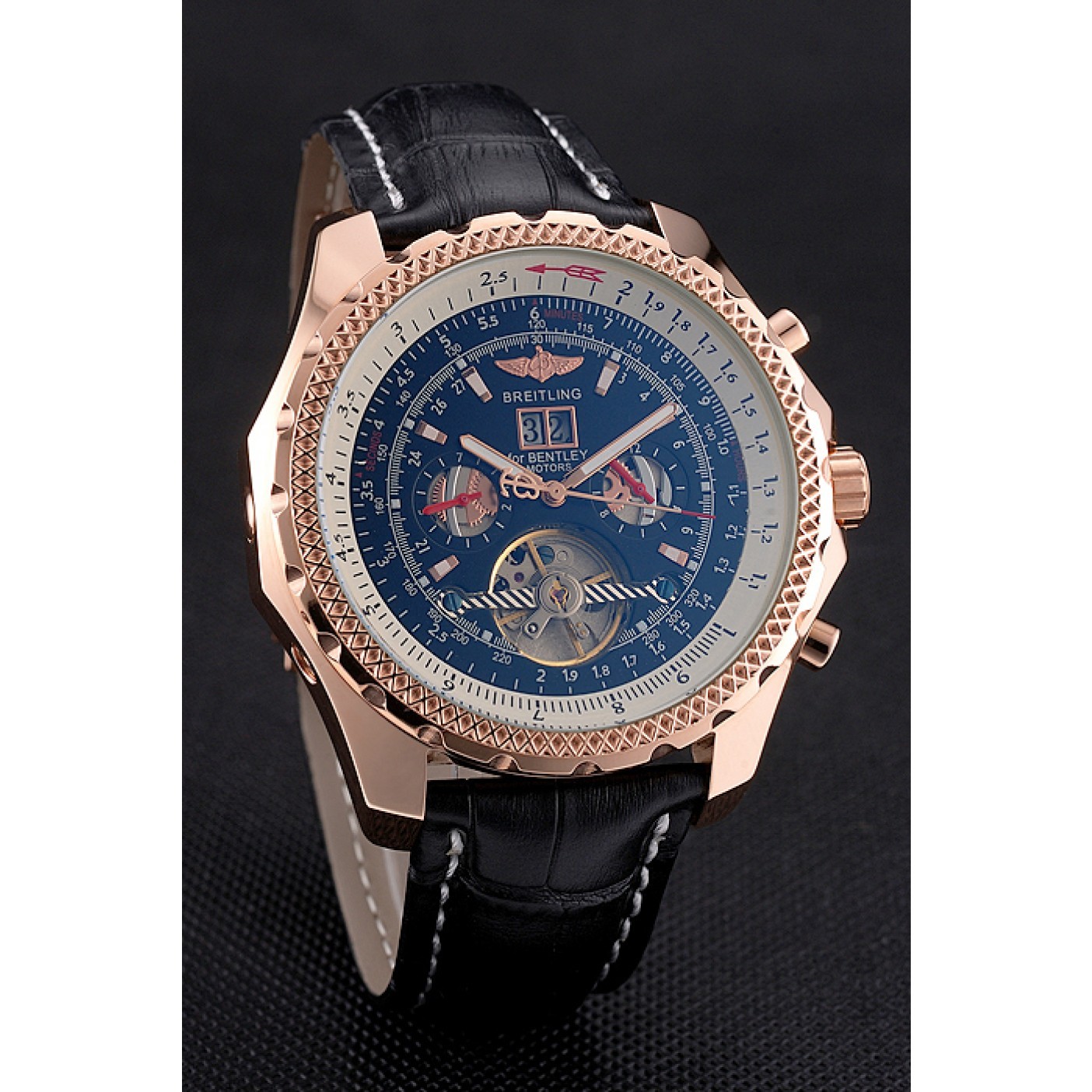 MiroTime Breitling For Bentley Mulliner Tourbillon Black Dial Rose Gold Case Black Leather Strap
