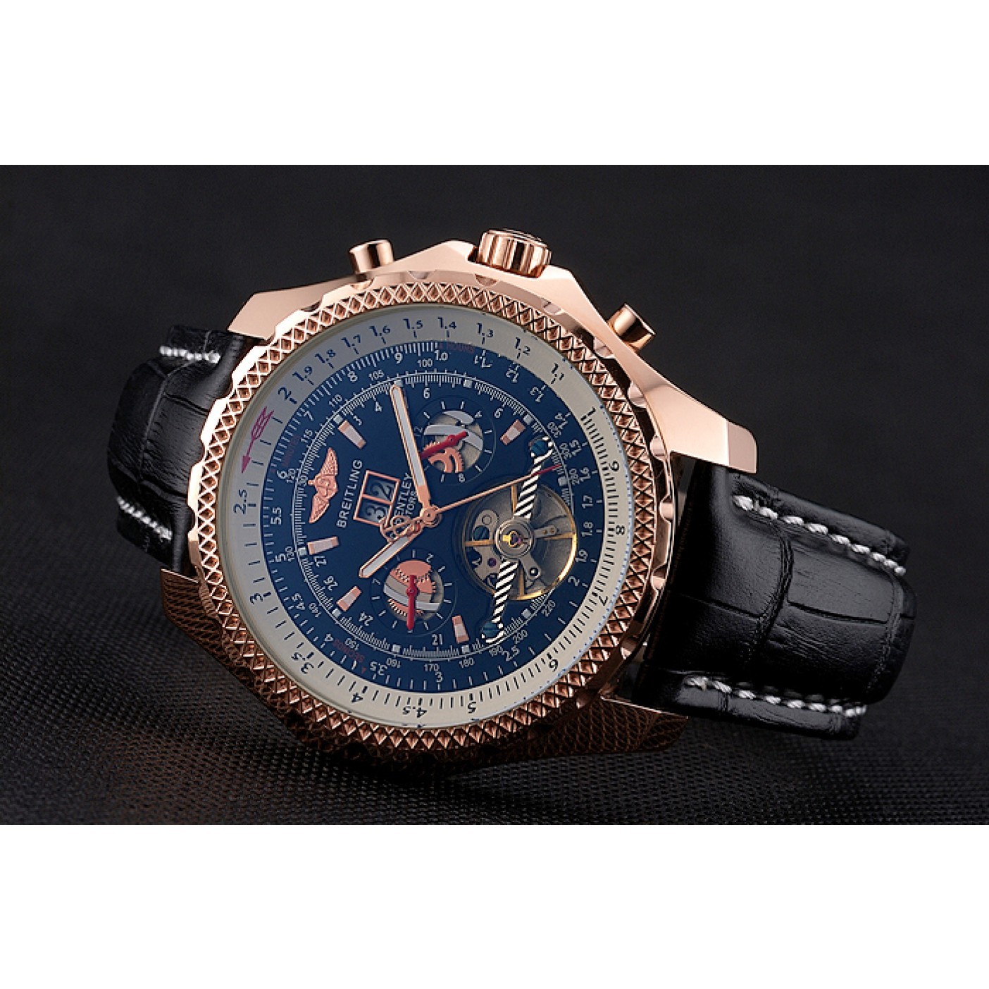 MiroTime Breitling For Bentley Mulliner Tourbillon Black Dial Rose Gold Case Black Leather Strap