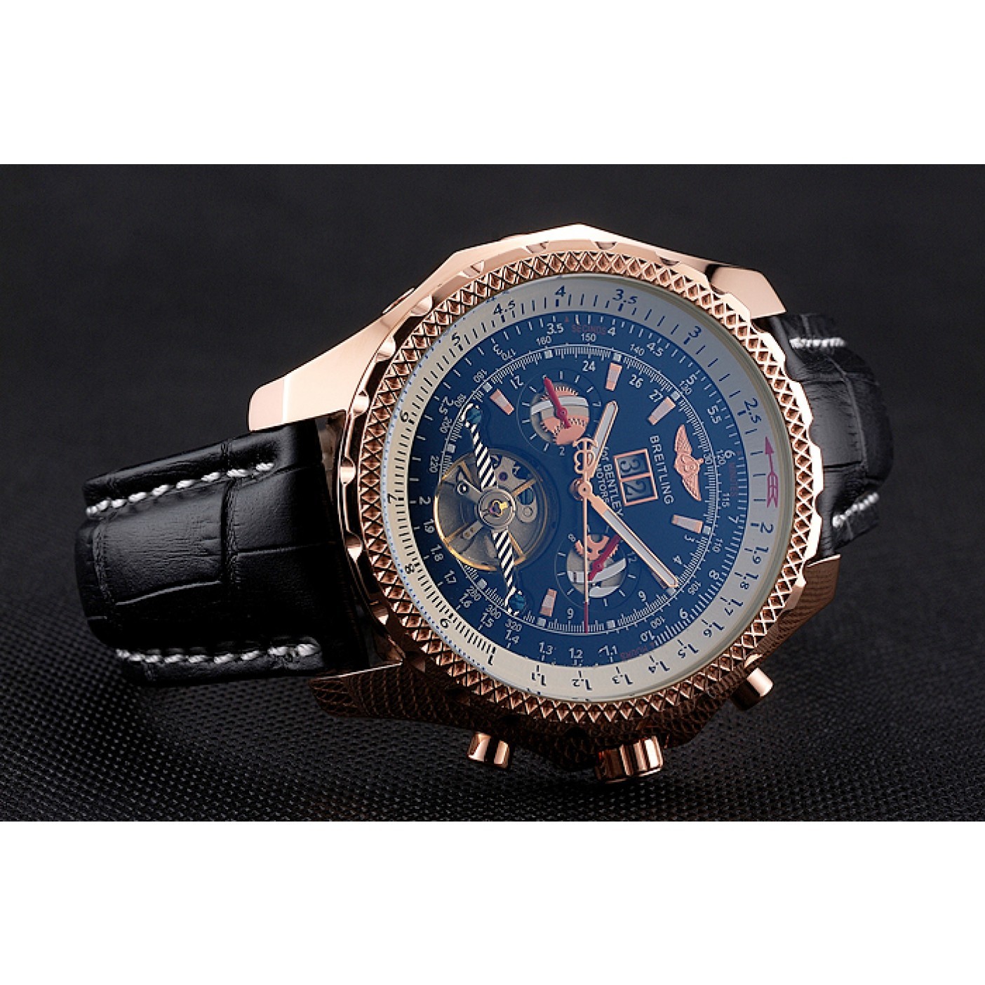 MiroTime Breitling For Bentley Mulliner Tourbillon Black Dial Rose Gold Case Black Leather Strap