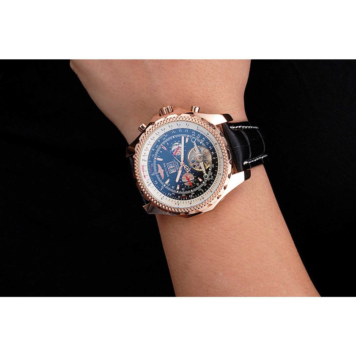 MiroTime Breitling For Bentley Mulliner Tourbillon Black Dial Rose Gold Case Black Leather Strap