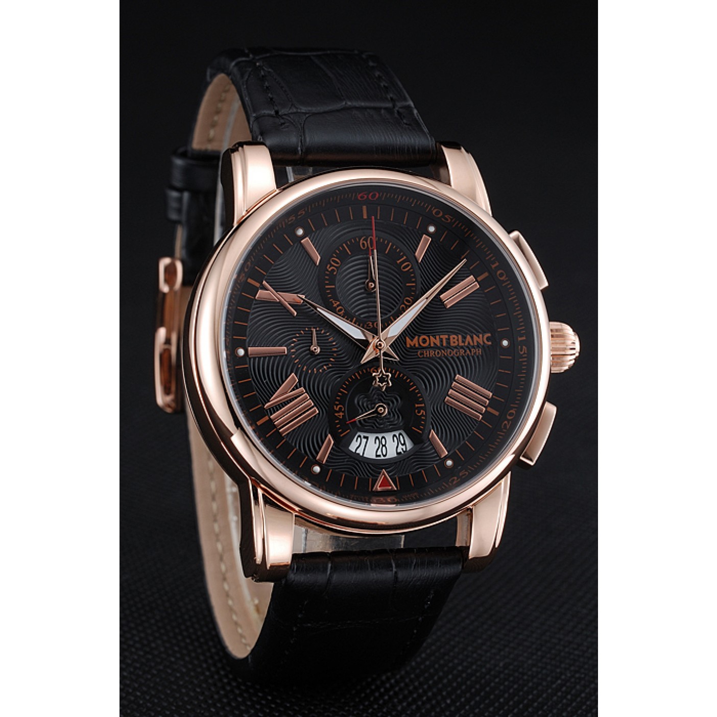 MiroTime Montblanc Chronograph Black Dial Black Leather Bracelet Rose-Gold Case 1454110
