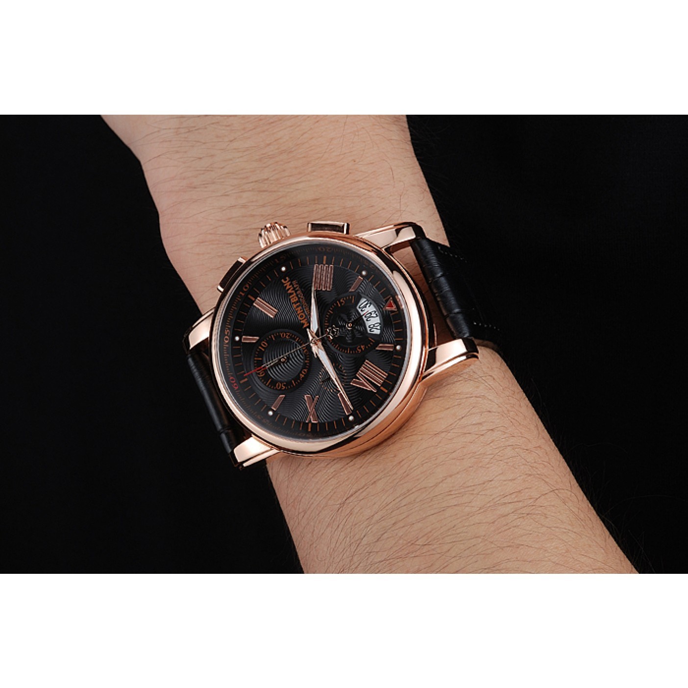 MiroTime Montblanc Chronograph Black Dial Black Leather Bracelet Rose-Gold Case 1454110