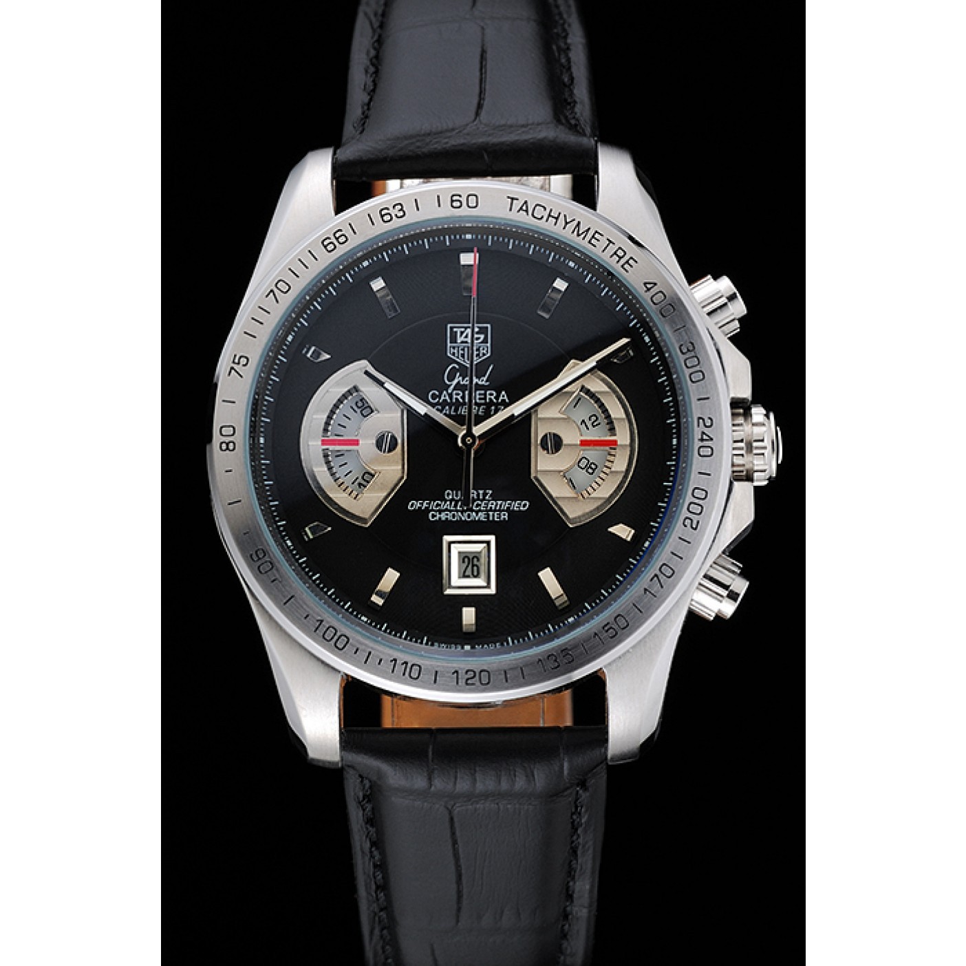 MiroTime Tag Heuer Carrera Tachymeter Bezel Black Dial Black Leather Strap