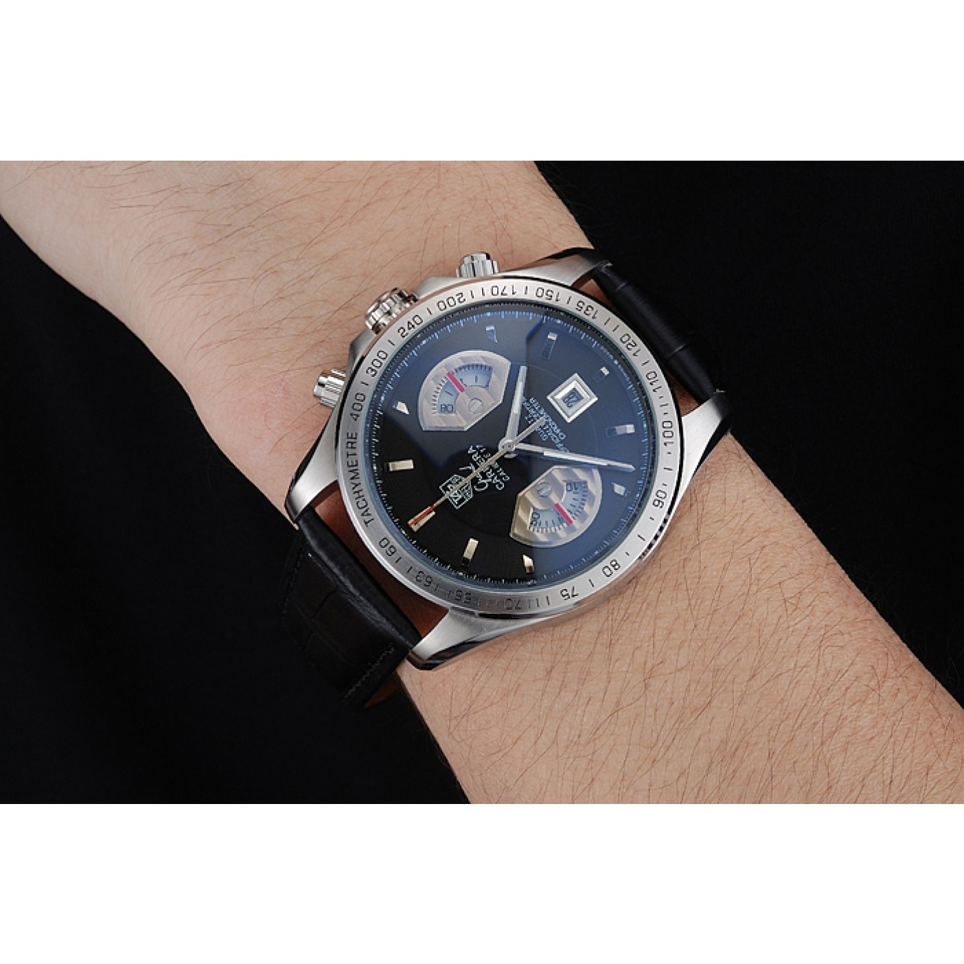 MiroTime Tag Heuer Carrera Tachymeter Bezel Black Dial Black Leather Strap