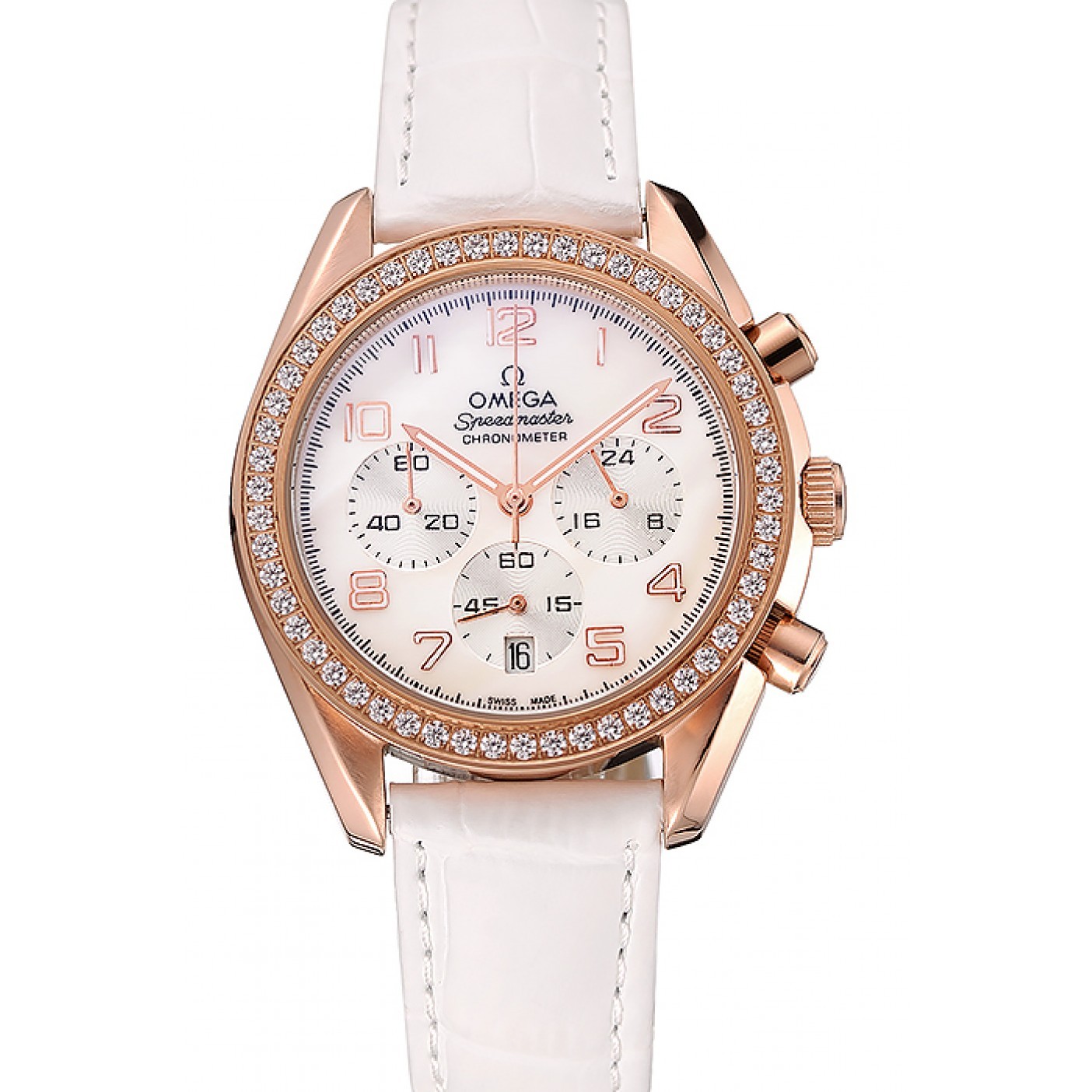 MiroTime Omega Speedmaster White Dial Rose Gold Case Diamond Bezel White Leather Strap