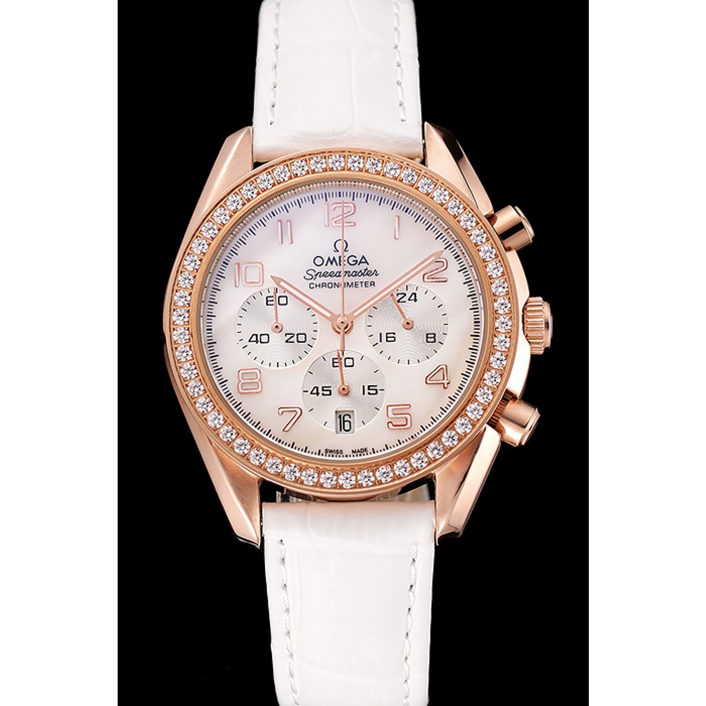 MiroTime Omega Speedmaster White Dial Rose Gold Case Diamond Bezel White Leather Strap