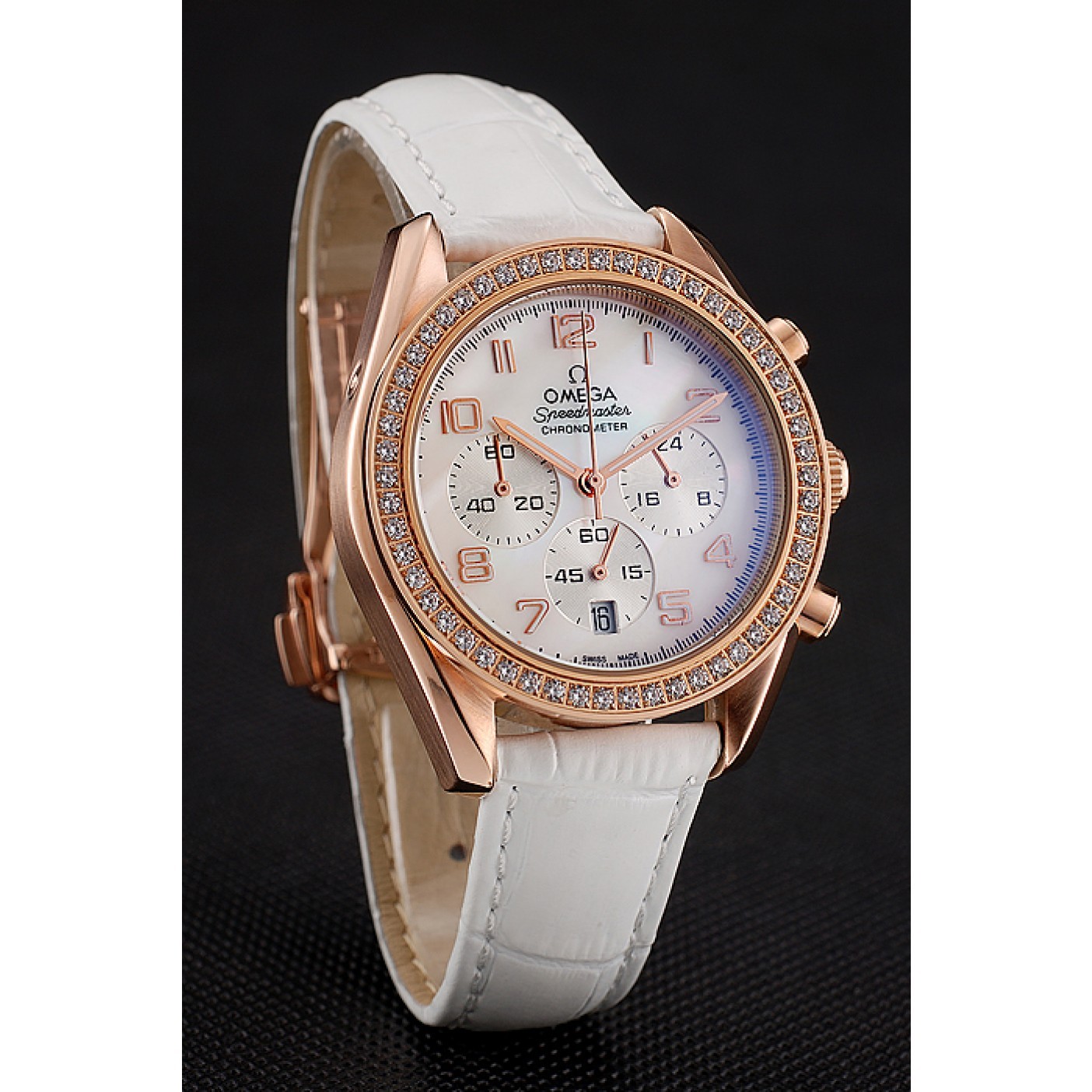 MiroTime Omega Speedmaster White Dial Rose Gold Case Diamond Bezel White Leather Strap
