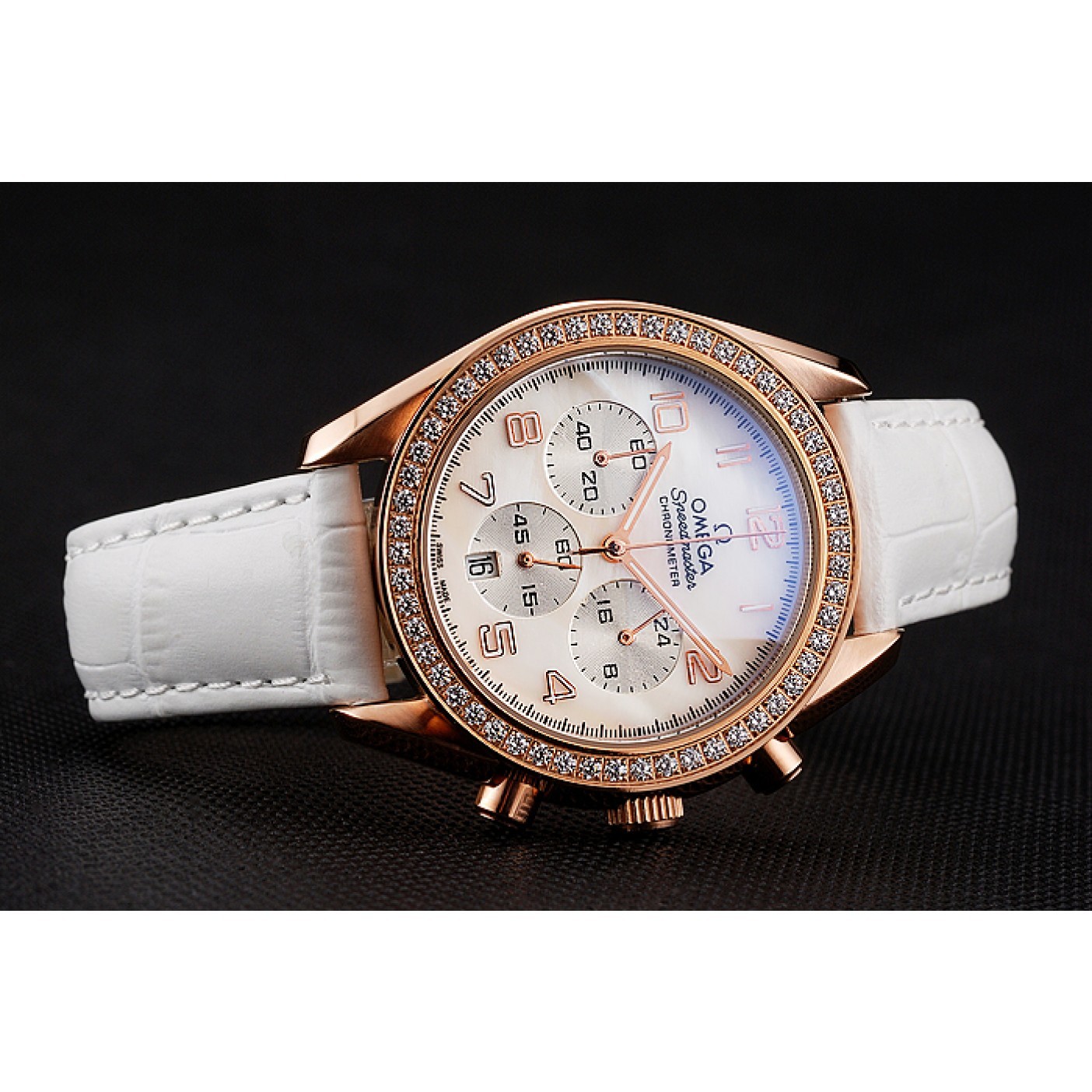 MiroTime Omega Speedmaster White Dial Rose Gold Case Diamond Bezel White Leather Strap