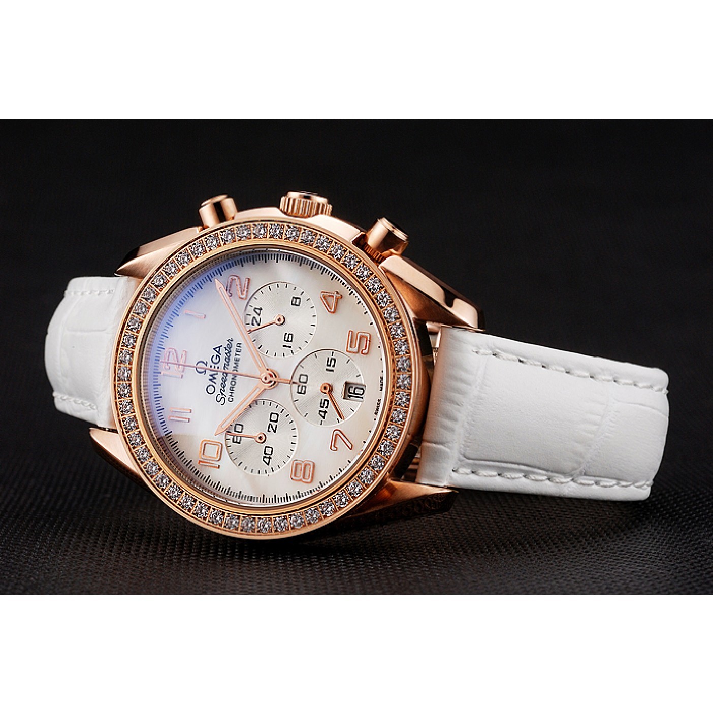 MiroTime Omega Speedmaster White Dial Rose Gold Case Diamond Bezel White Leather Strap