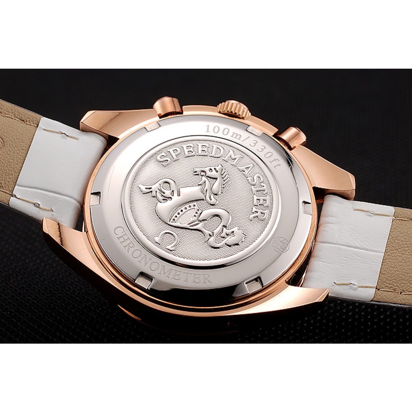 MiroTime Omega Speedmaster White Dial Rose Gold Case Diamond Bezel White Leather Strap