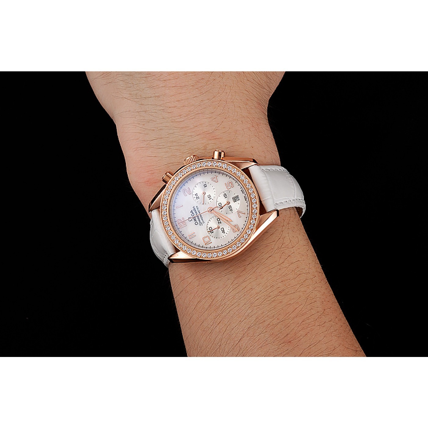 MiroTime Omega Speedmaster White Dial Rose Gold Case Diamond Bezel White Leather Strap