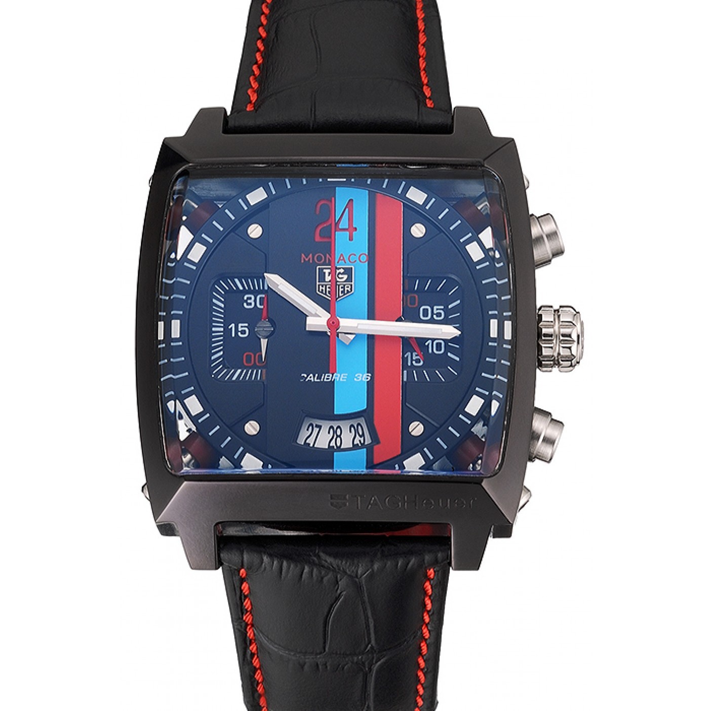 MiroTime Tag Heuer Monaco Calibre 36 Blue And Red Dial Stripes Dial Black Leather Strap 622272