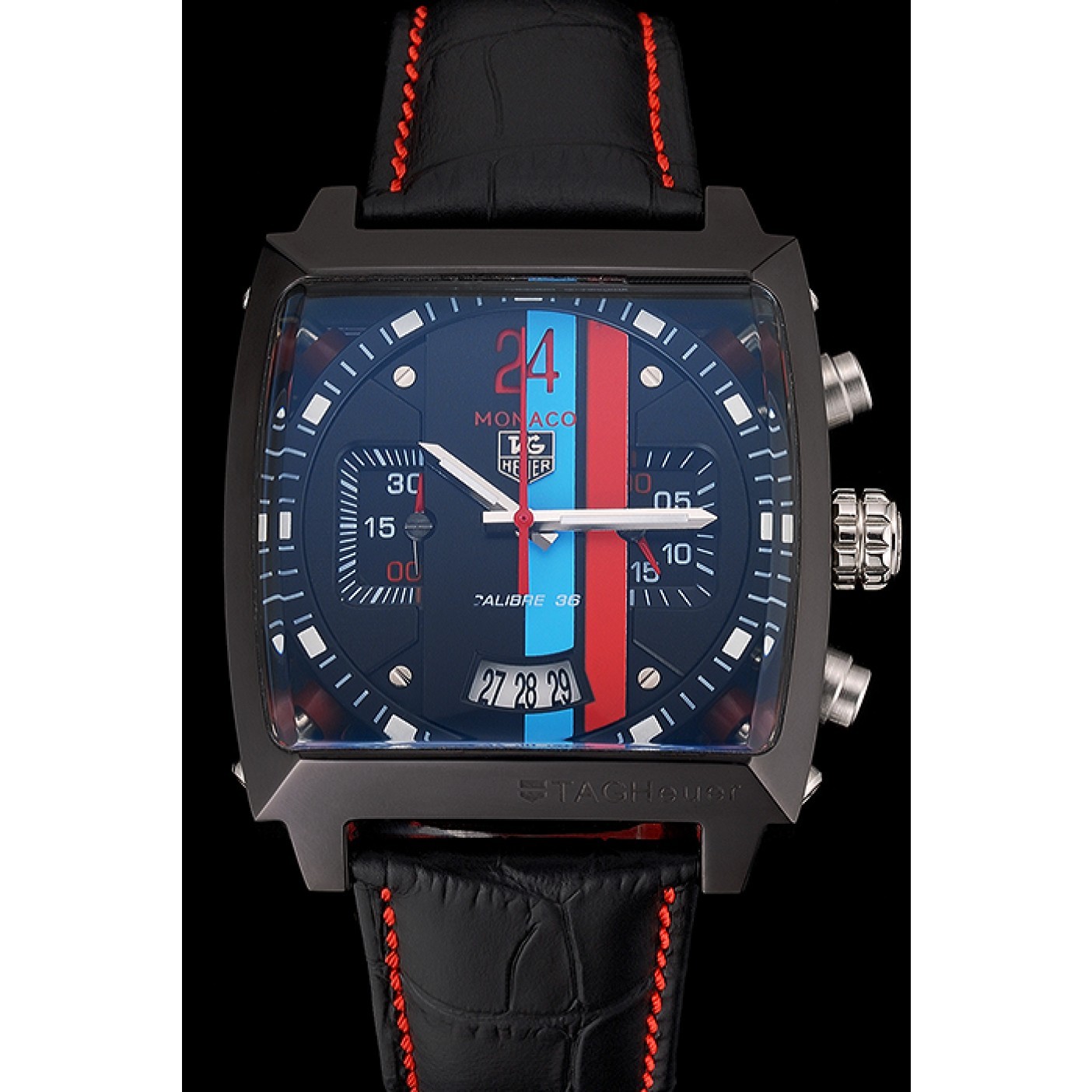 MiroTime Tag Heuer Monaco Calibre 36 Blue And Red Dial Stripes Dial Black Leather Strap 622272