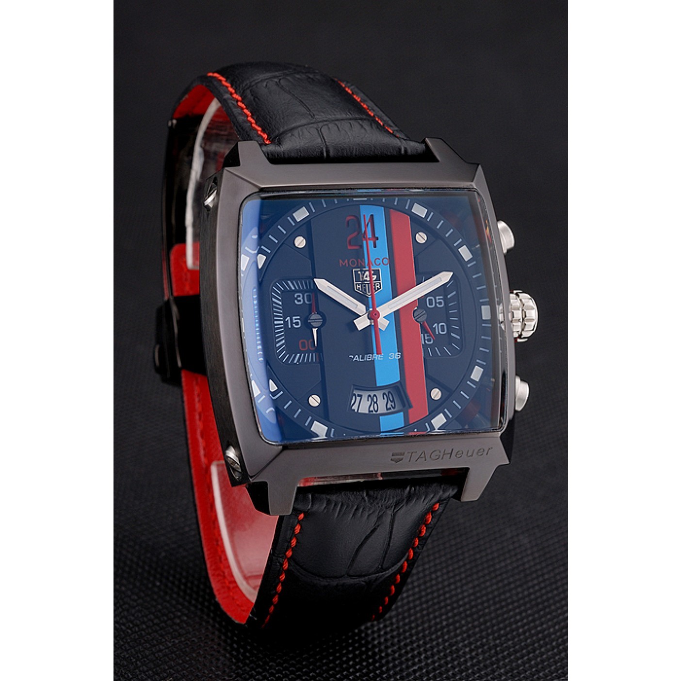 MiroTime Tag Heuer Monaco Calibre 36 Blue And Red Dial Stripes Dial Black Leather Strap 622272