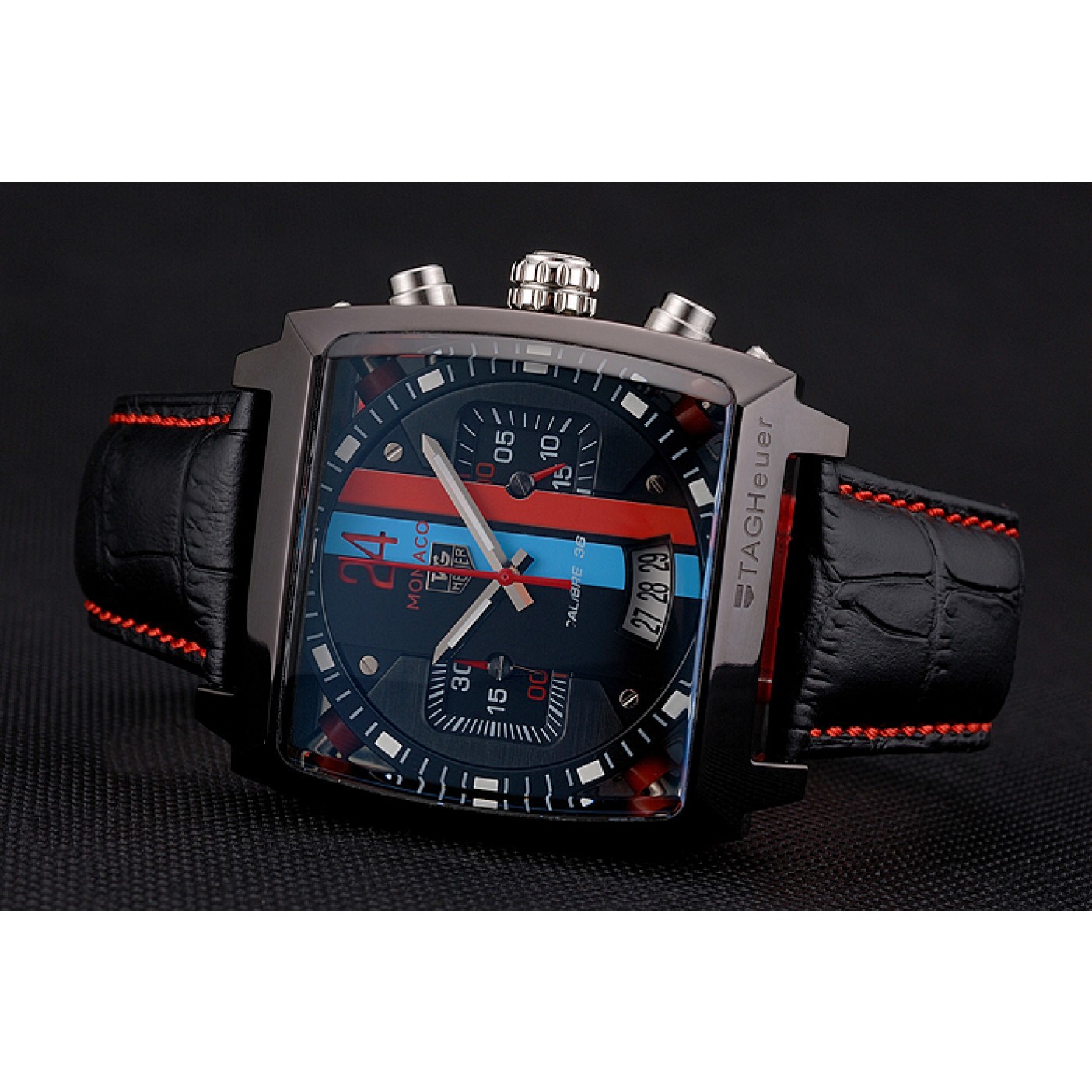 MiroTime Tag Heuer Monaco Calibre 36 Blue And Red Dial Stripes Dial Black Leather Strap 622272