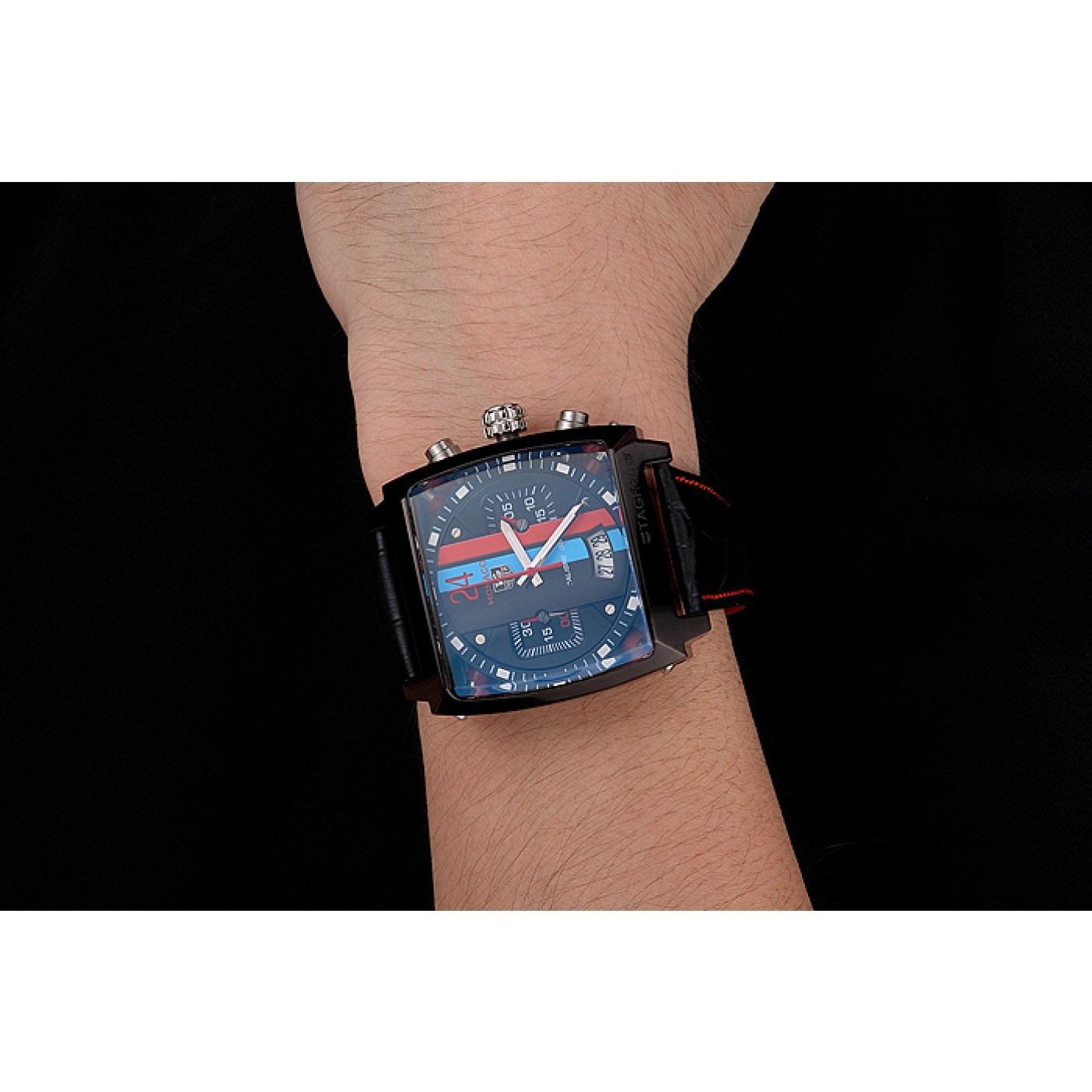 MiroTime Tag Heuer Monaco Calibre 36 Blue And Red Dial Stripes Dial Black Leather Strap 622272