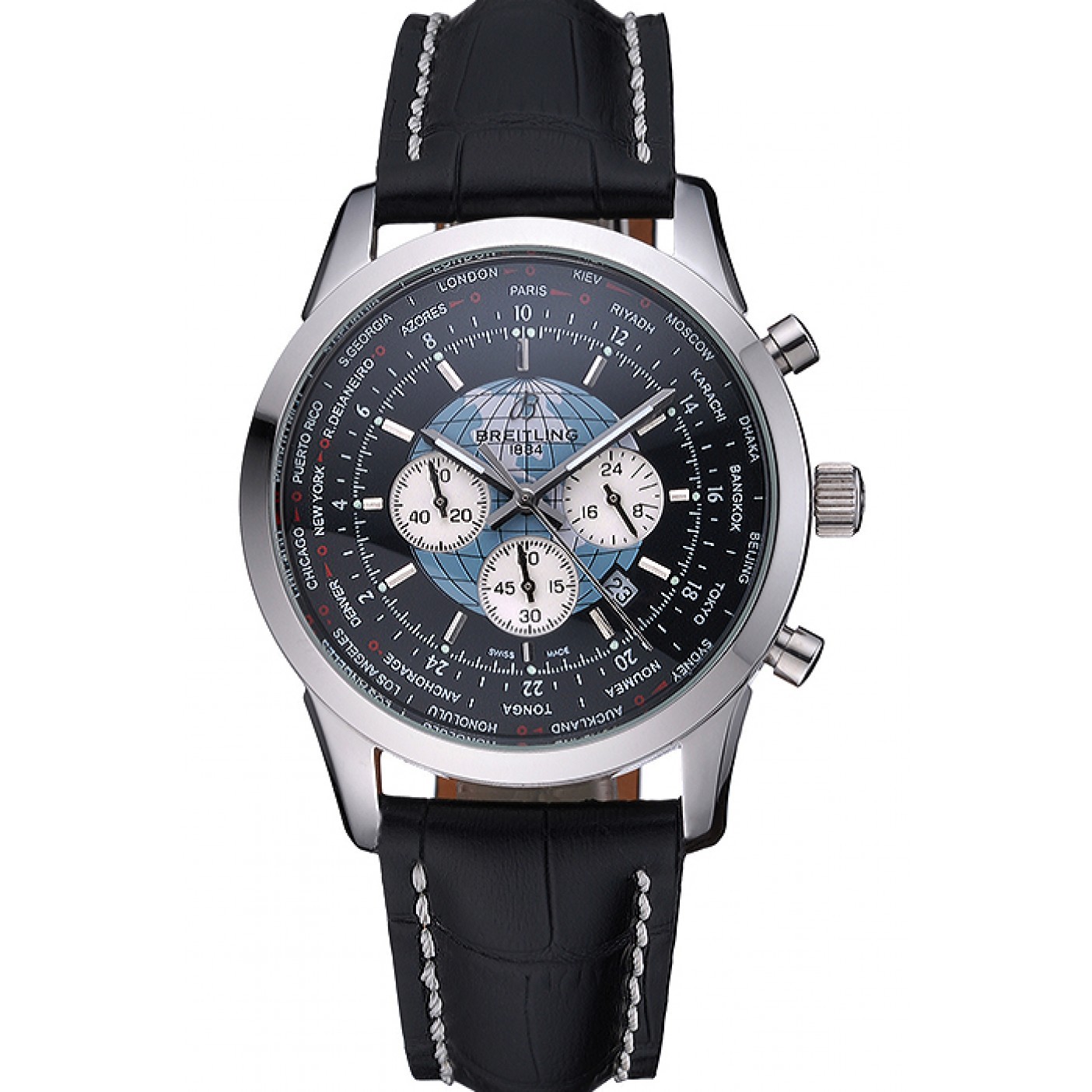 MiroTime Breitling Transocean Chronograph Unitime Black Dial Stainless Steel Case Black Leather Bracelet 622242