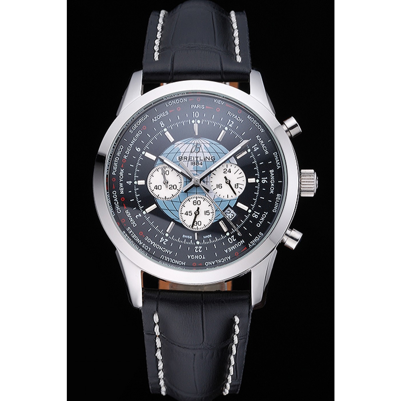 MiroTime Breitling Transocean Chronograph Unitime Black Dial Stainless Steel Case Black Leather Bracelet 622242