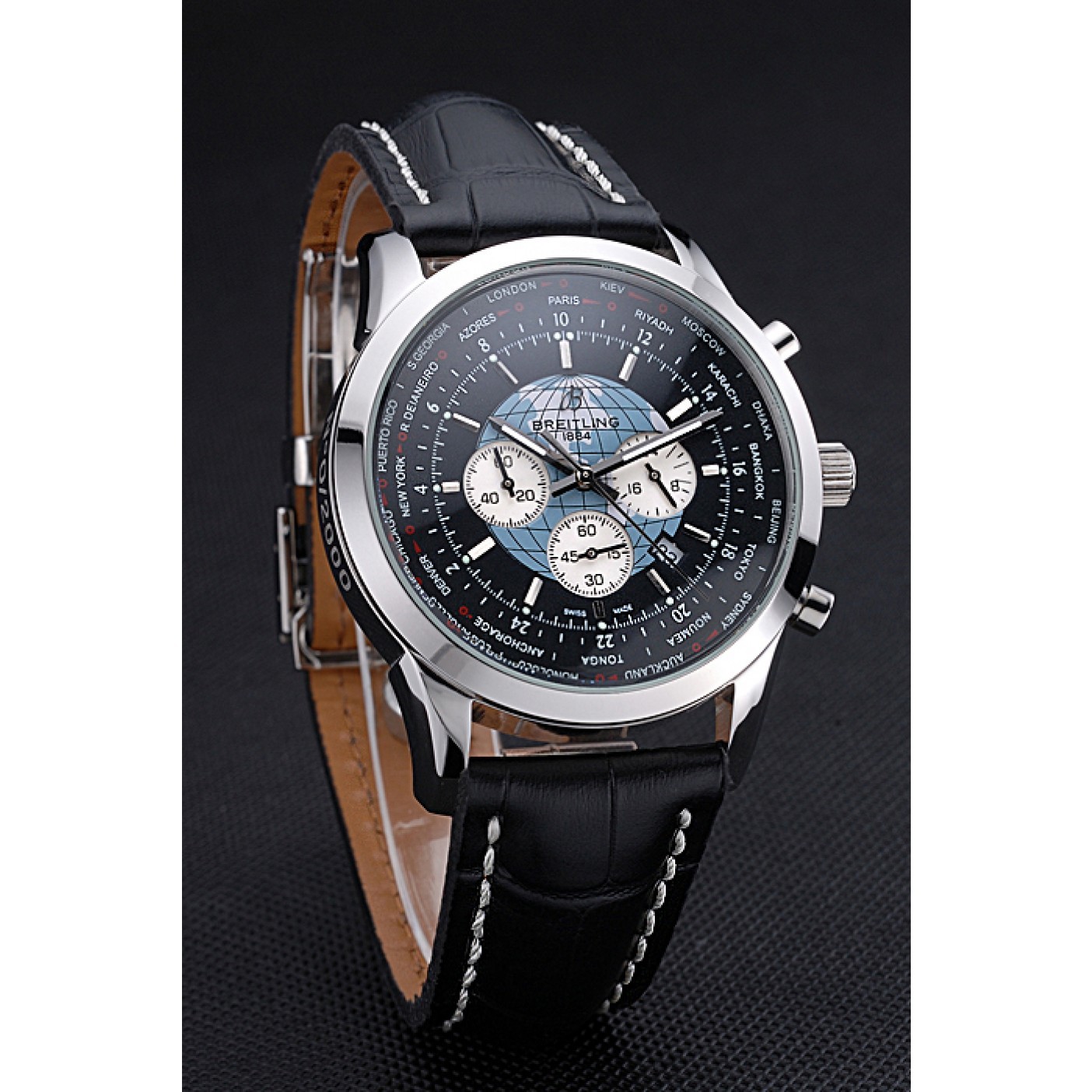 MiroTime Breitling Transocean Chronograph Unitime Black Dial Stainless Steel Case Black Leather Bracelet 622242