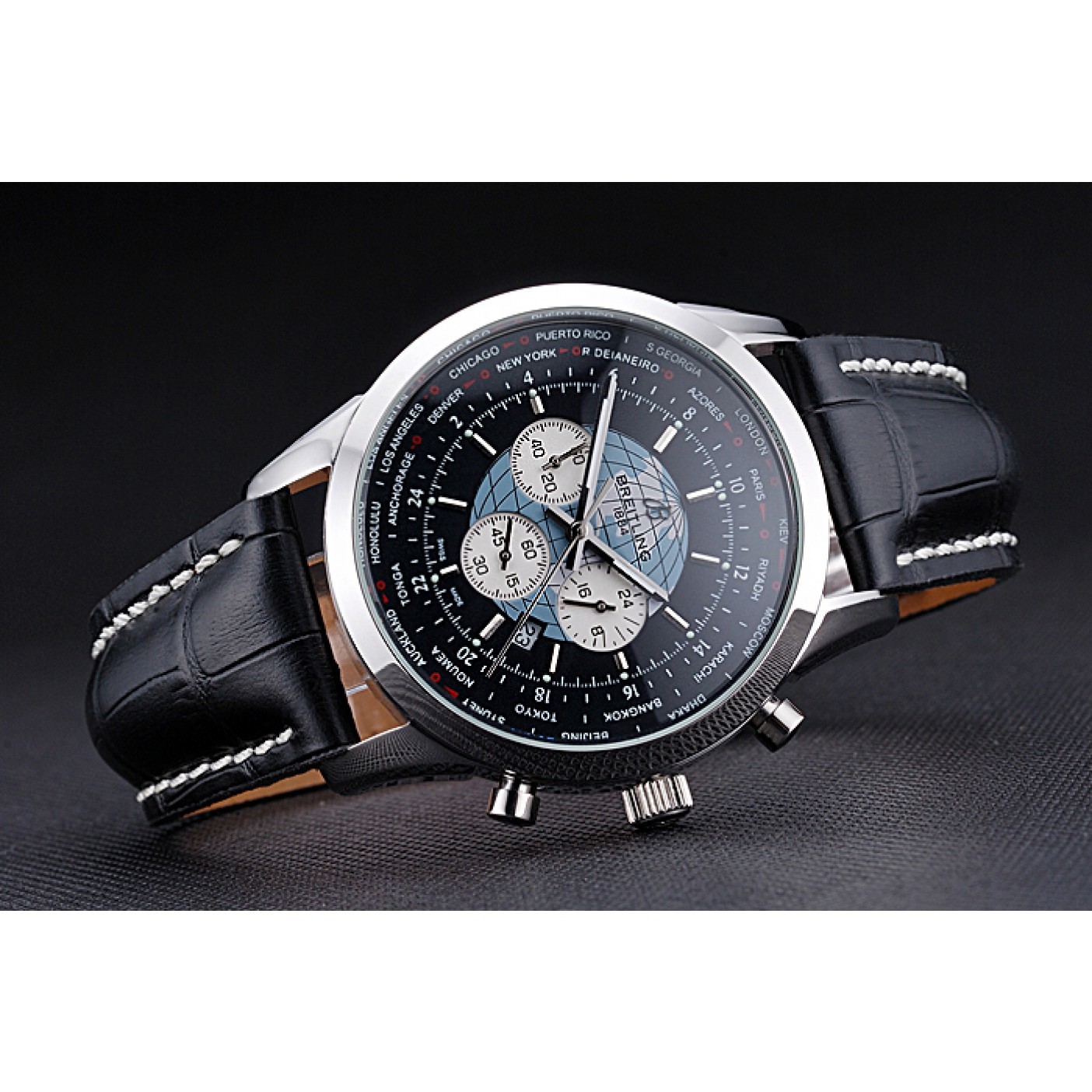 MiroTime Breitling Transocean Chronograph Unitime Black Dial Stainless Steel Case Black Leather Bracelet 622242