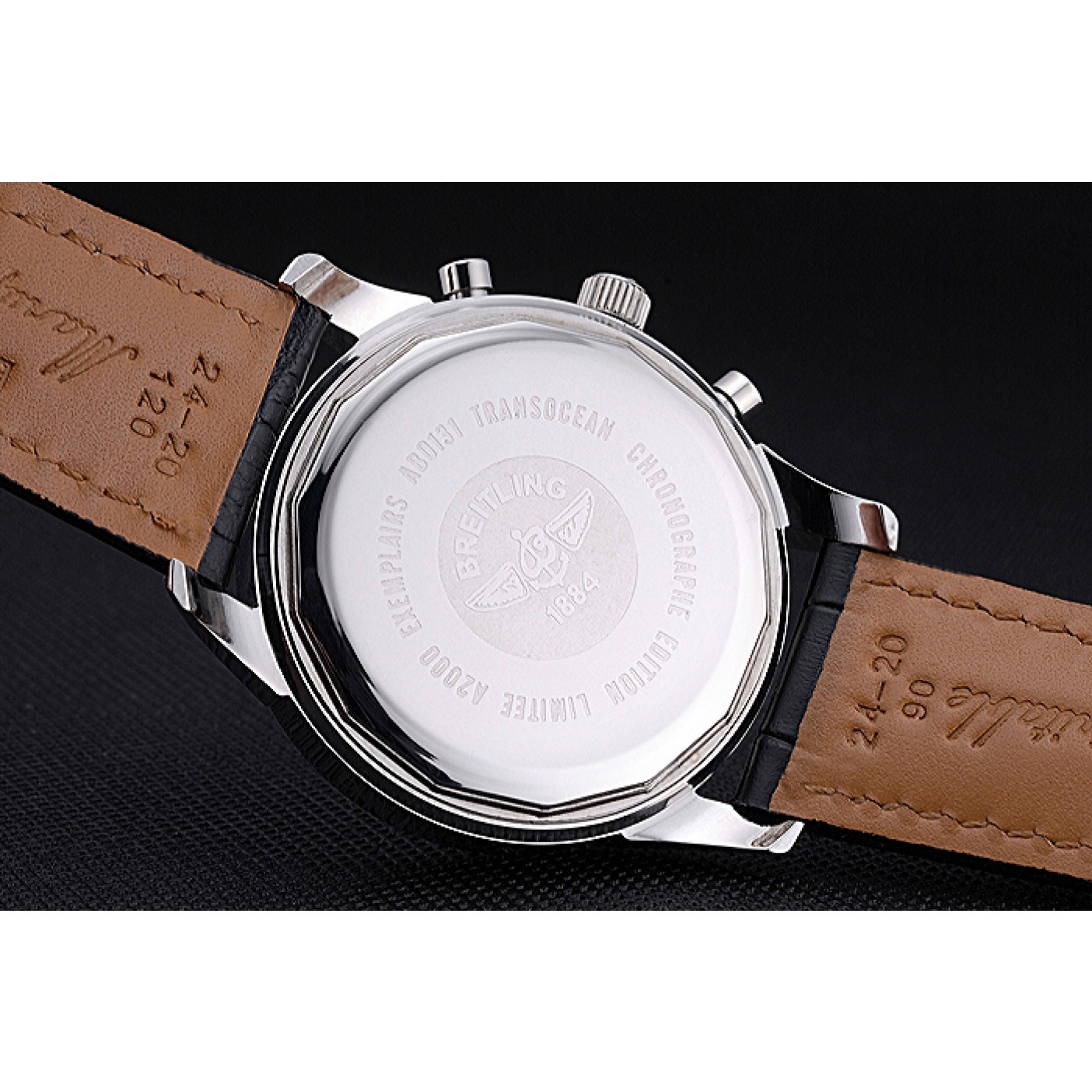 MiroTime Breitling Transocean Chronograph Unitime Black Dial Stainless Steel Case Black Leather Bracelet 622242