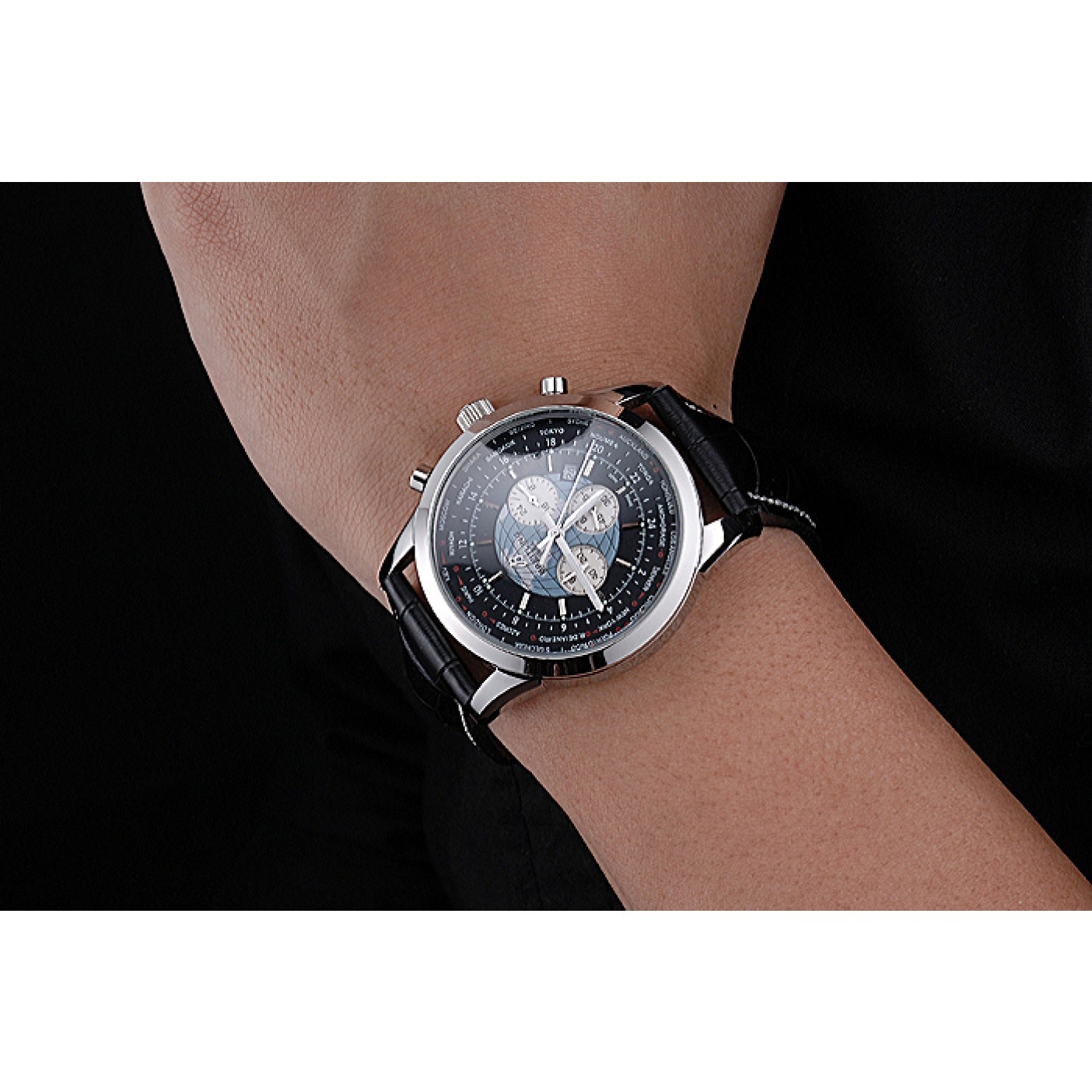MiroTime Breitling Transocean Chronograph Unitime Black Dial Stainless Steel Case Black Leather Bracelet 622242
