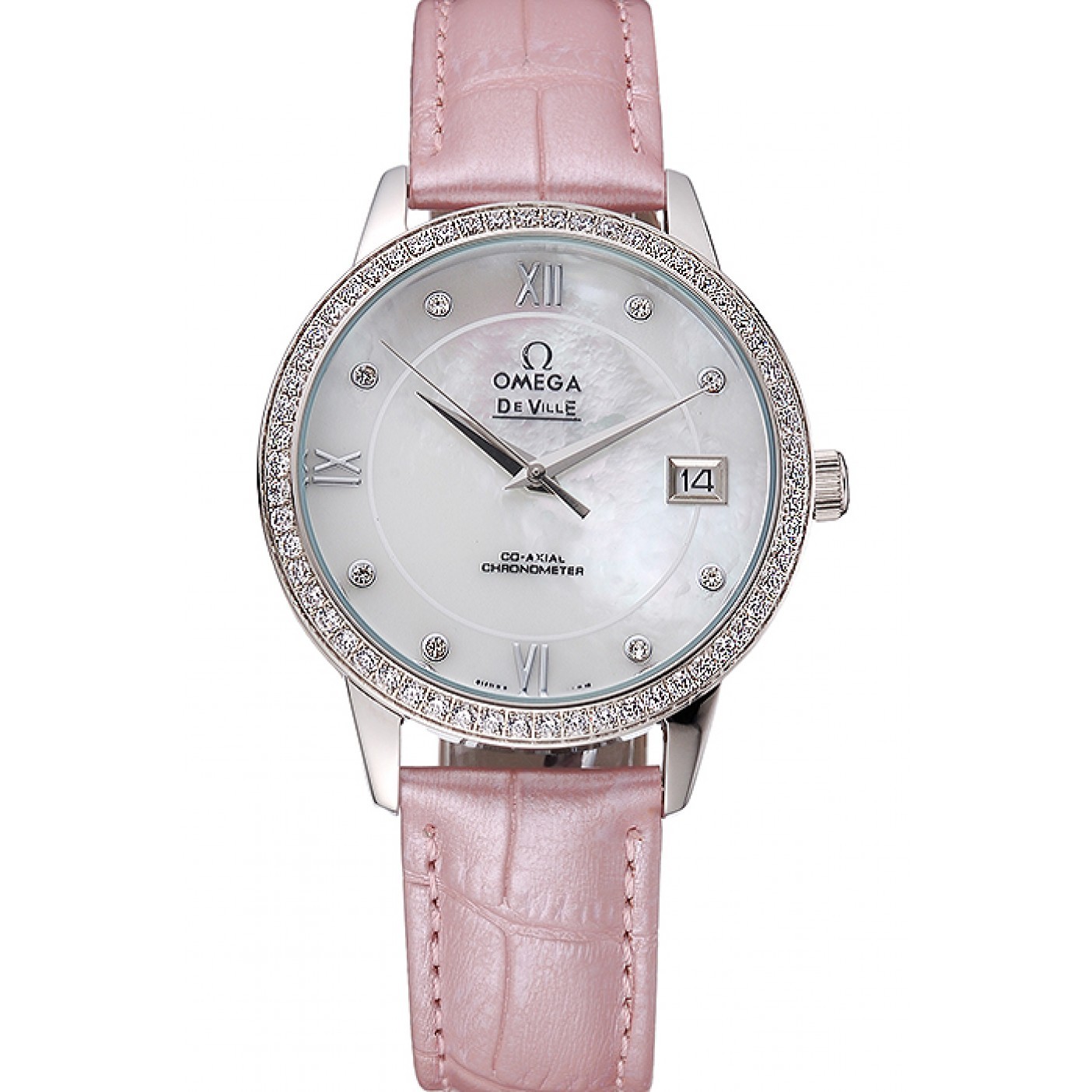 MiroTime Omega DeVille Prestige Co-Axial Diamond Silver Case Mother-Of-Pearl Dial Pink Leather Strap