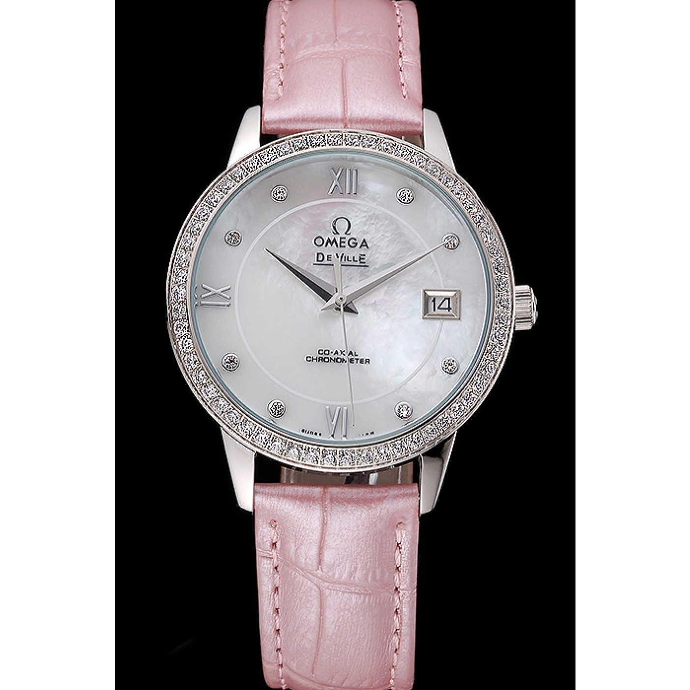 MiroTime Omega DeVille Prestige Co-Axial Diamond Silver Case Mother-Of-Pearl Dial Pink Leather Strap