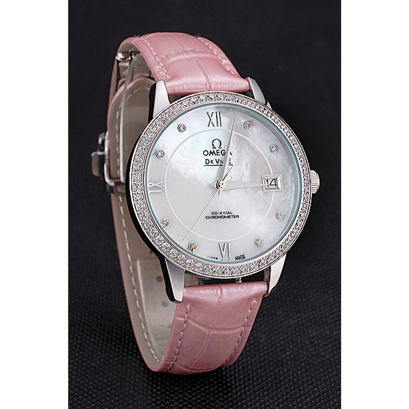 MiroTime Omega DeVille Prestige Co-Axial Diamond Silver Case Mother-Of-Pearl Dial Pink Leather Strap