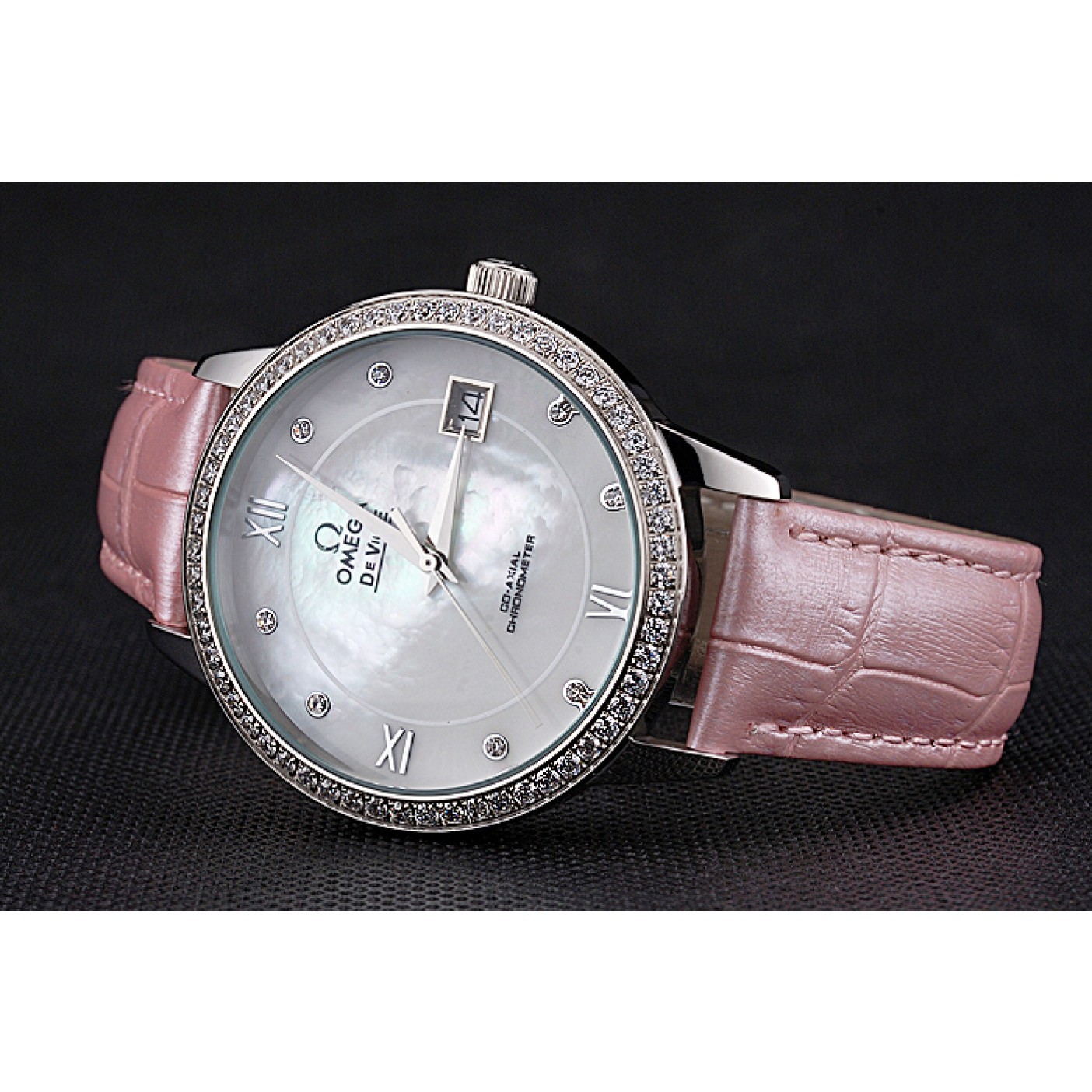 MiroTime Omega DeVille Prestige Co-Axial Diamond Silver Case Mother-Of-Pearl Dial Pink Leather Strap