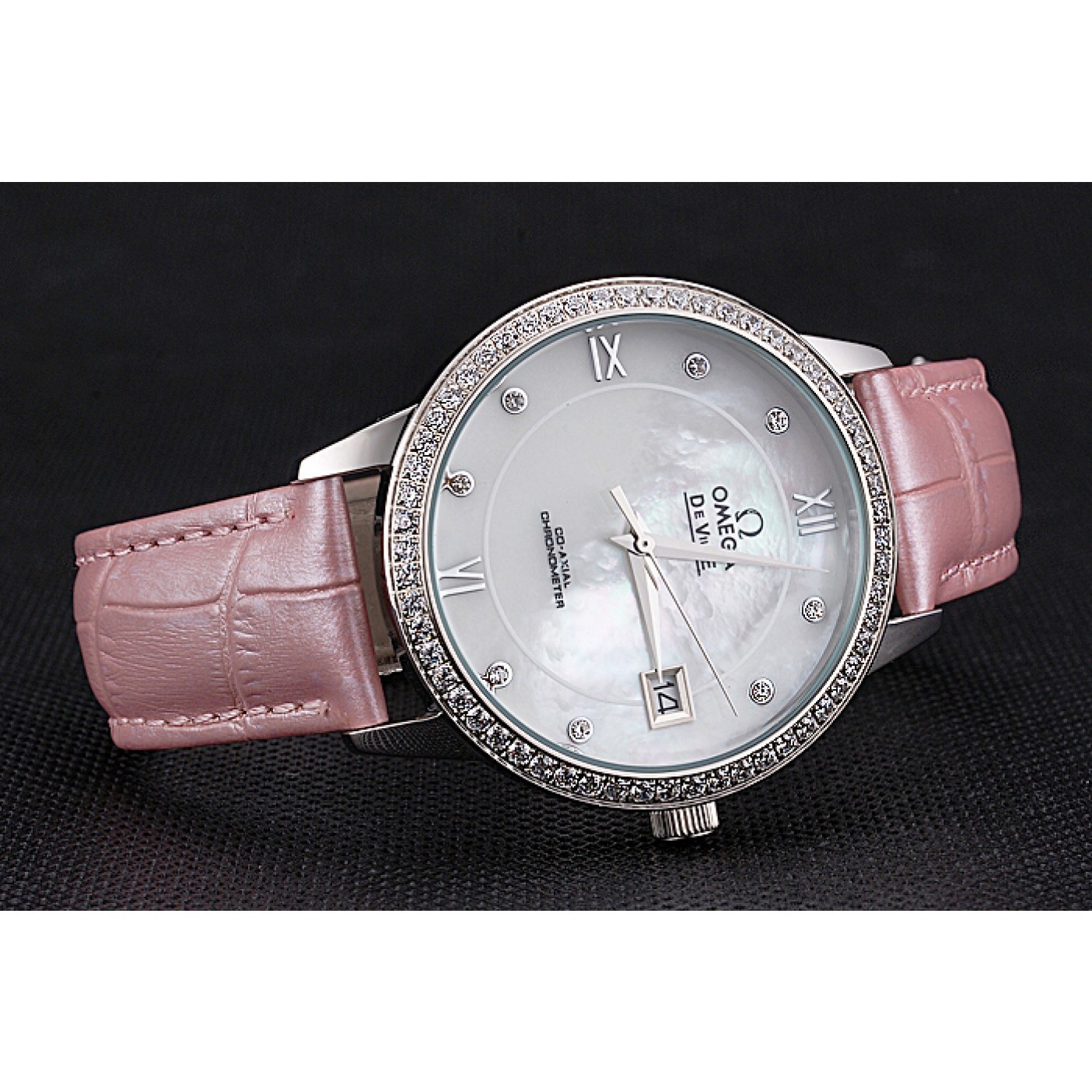 MiroTime Omega DeVille Prestige Co-Axial Diamond Silver Case Mother-Of-Pearl Dial Pink Leather Strap