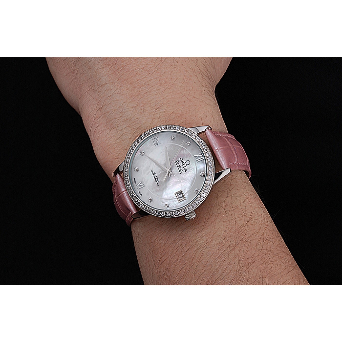 MiroTime Omega DeVille Prestige Co-Axial Diamond Silver Case Mother-Of-Pearl Dial Pink Leather Strap