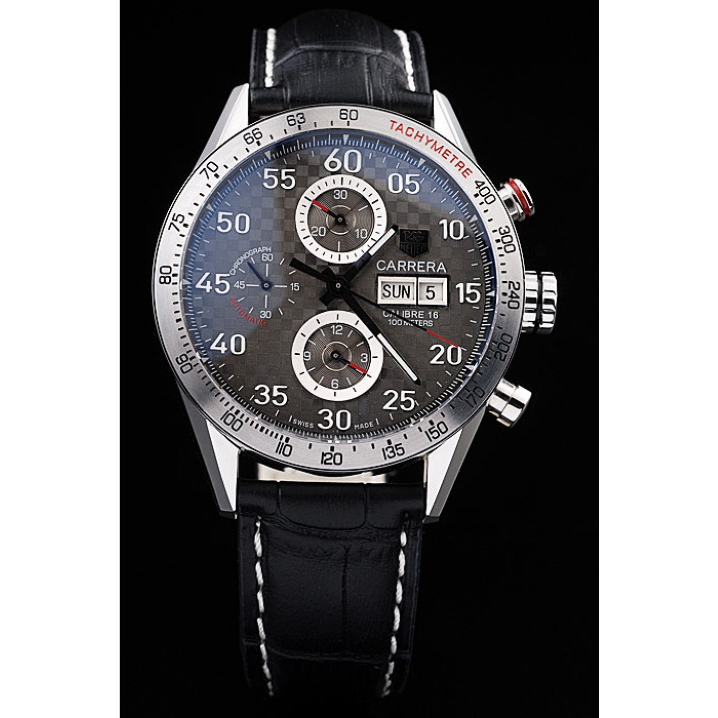 MiroTime Tag Heuer Swiss Carrera Tachymeter Bezel Black Leather Strap Checkered Brown Dial