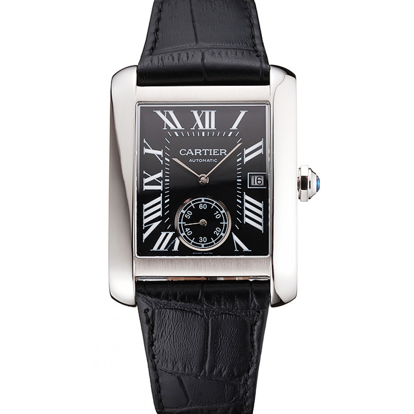 MiroTime Swiss Cartier Tank MC Black Dial Stainless Steel Case Black Leather Strap