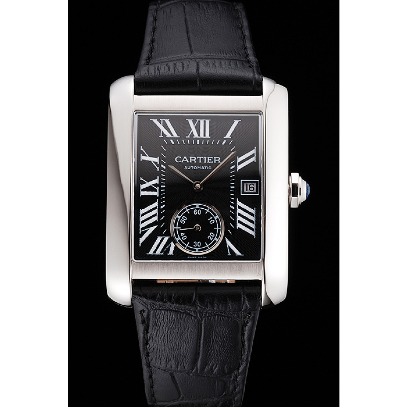 MiroTime Swiss Cartier Tank MC Black Dial Stainless Steel Case Black Leather Strap