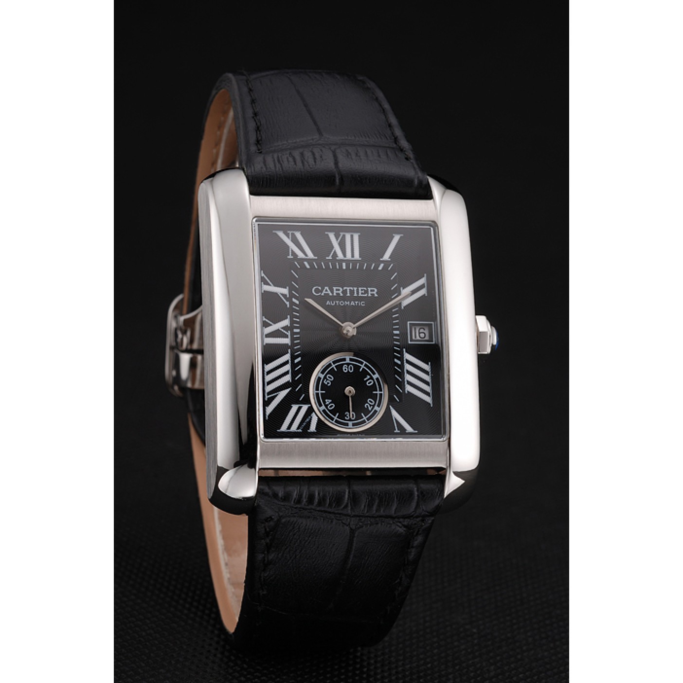 MiroTime Swiss Cartier Tank MC Black Dial Stainless Steel Case Black Leather Strap